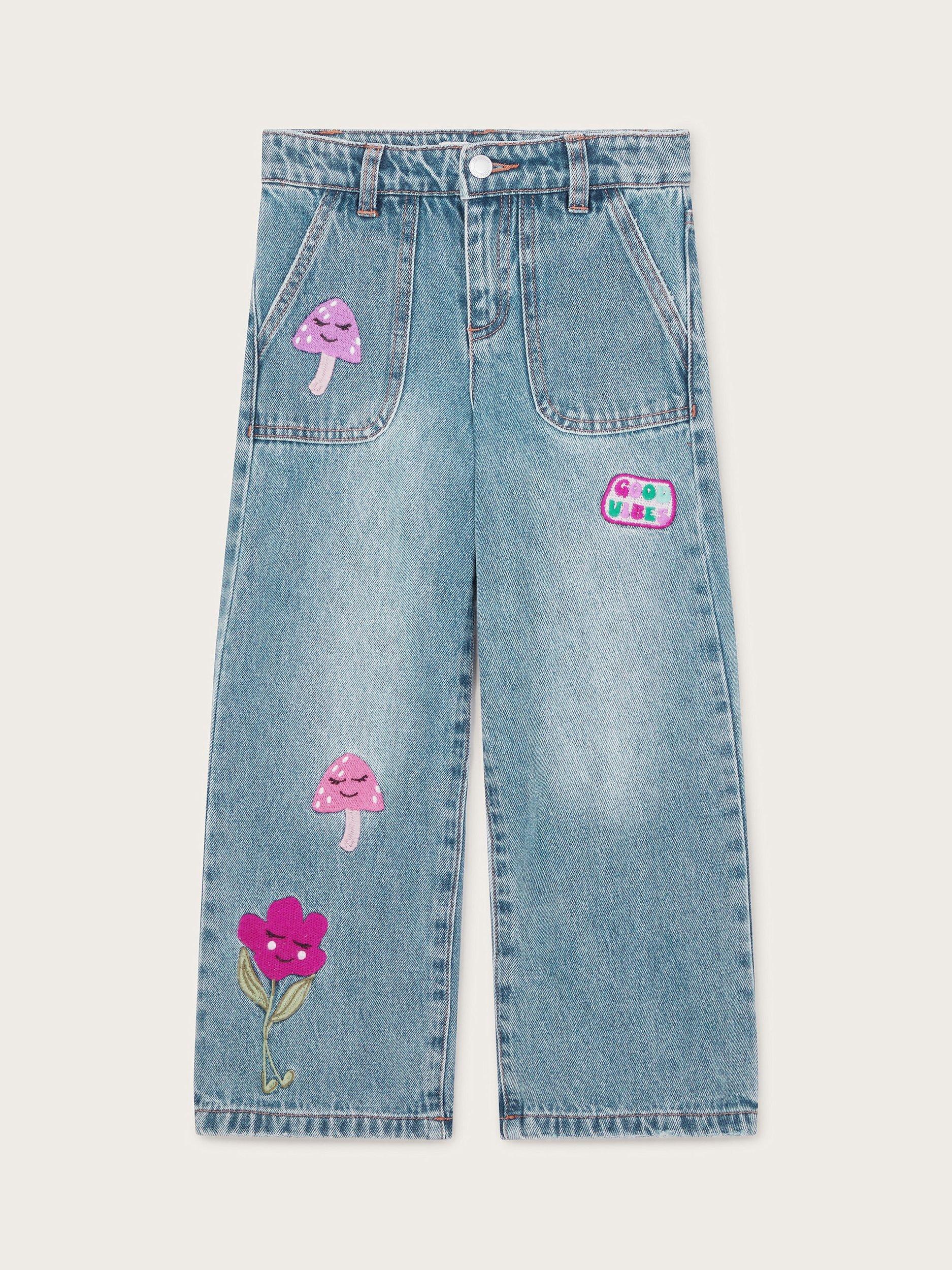Monsoon Kids' Denim Mushroom Embroidered Jeans, Blue