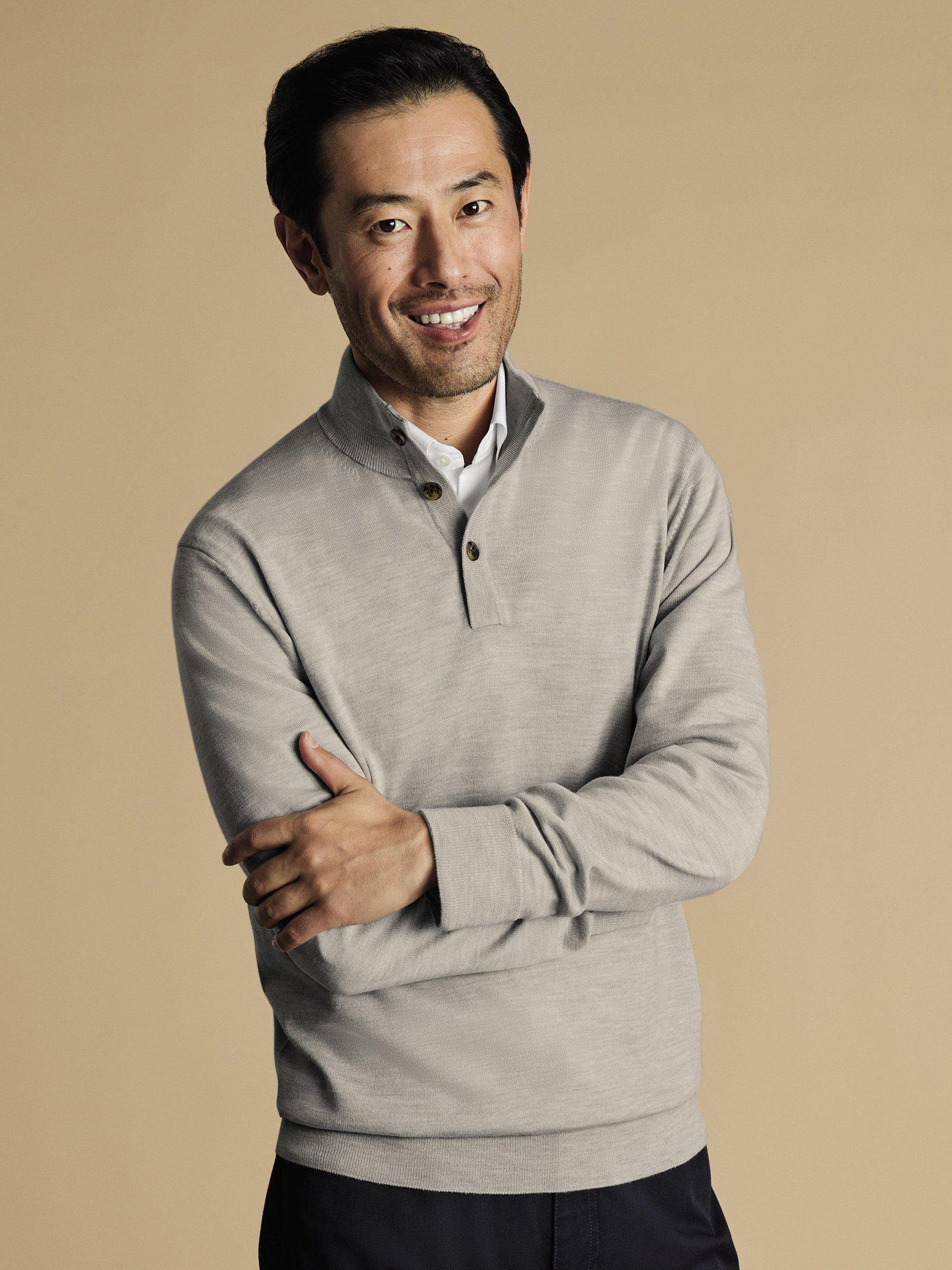 Charles Tyrwhitt Knit Button Neck Top, Silver Grey
