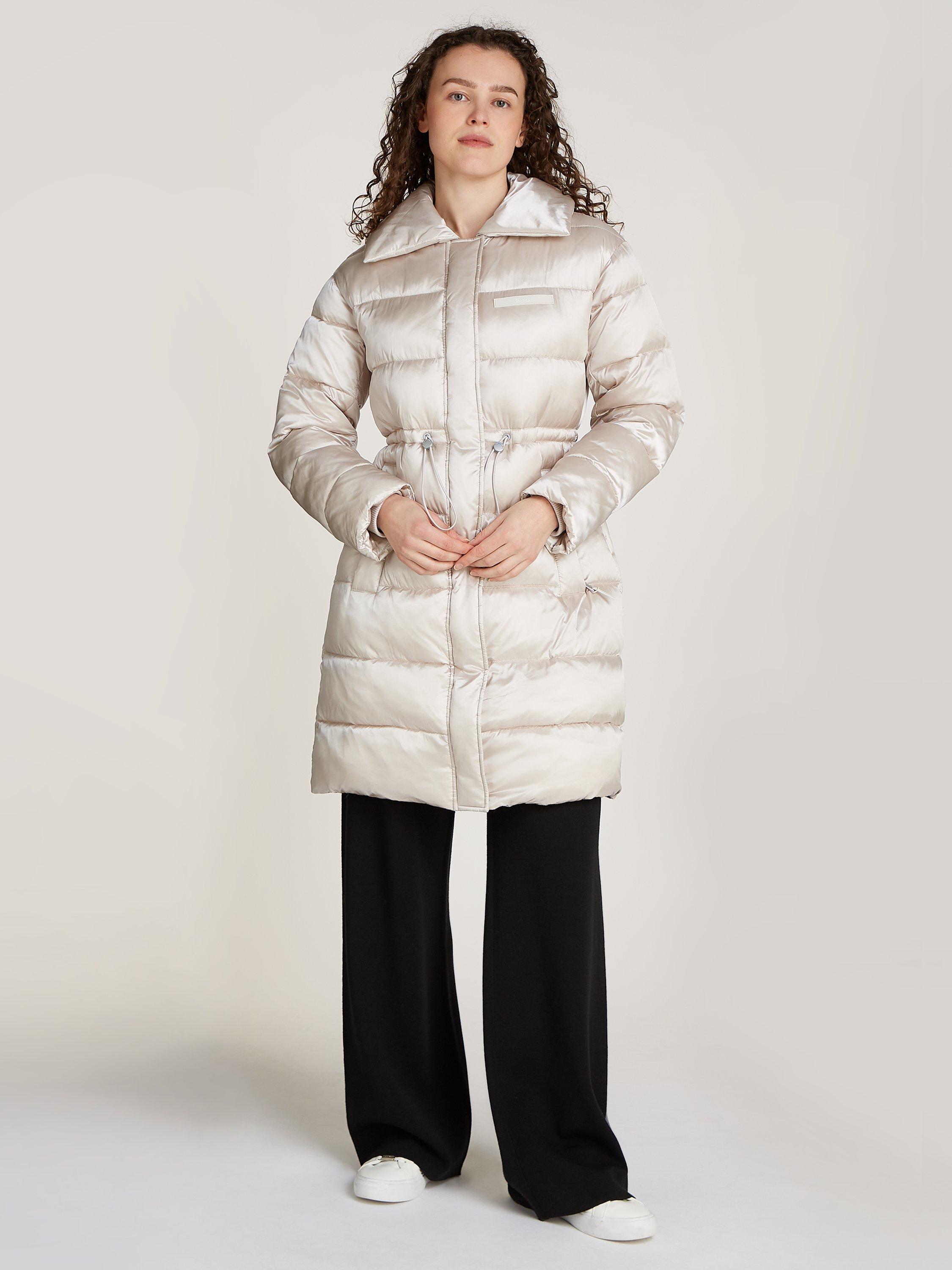 Product image 1 of 6, which shows Calvin Klein Jeans Padded Satin Drawstring Coat, Gray Morn, L