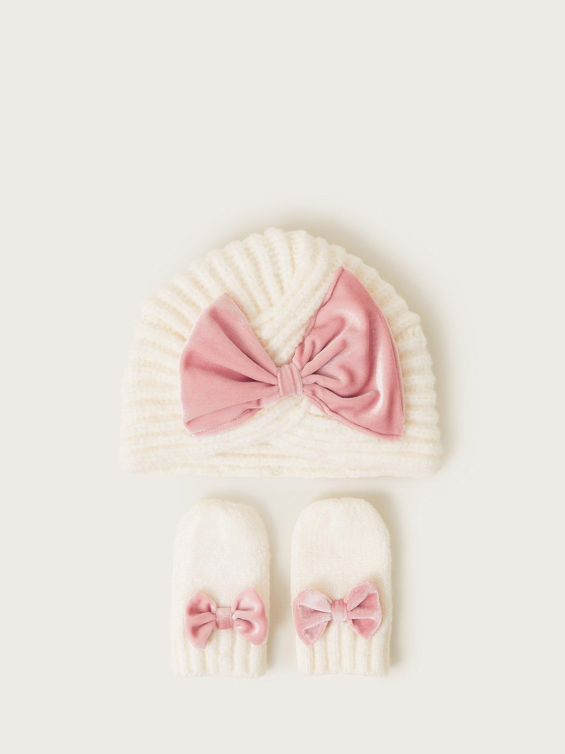 Monsoon Baby Bow Twist Hat and Mittens Set, Ivory