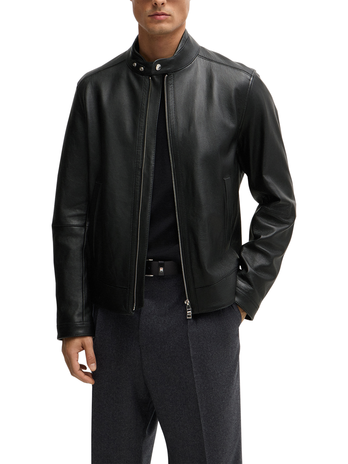 BOSS Zip-Through Leather Jacket, Black
