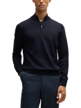 BOSS Pure Wool Slim Fit Zip Neck Jumper, Dark Blue