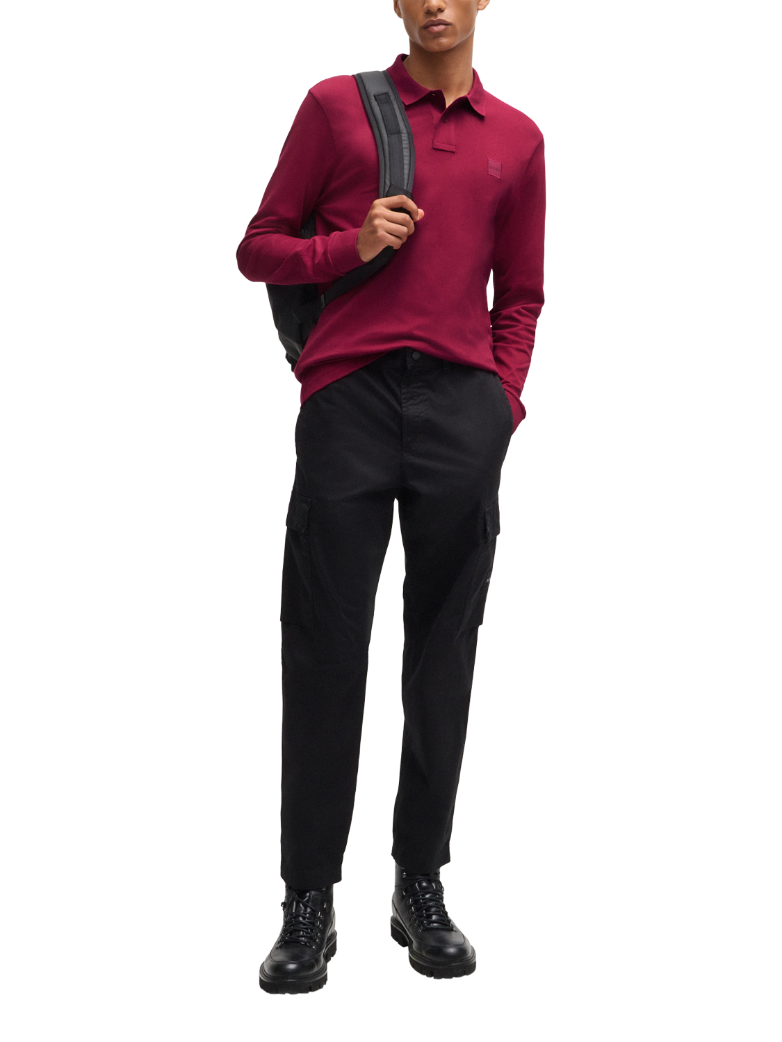 Product image 3 of 5, which shows BOSS Cotton Blend Slim Fit Long Sleeve Polo Shirt, Red, M