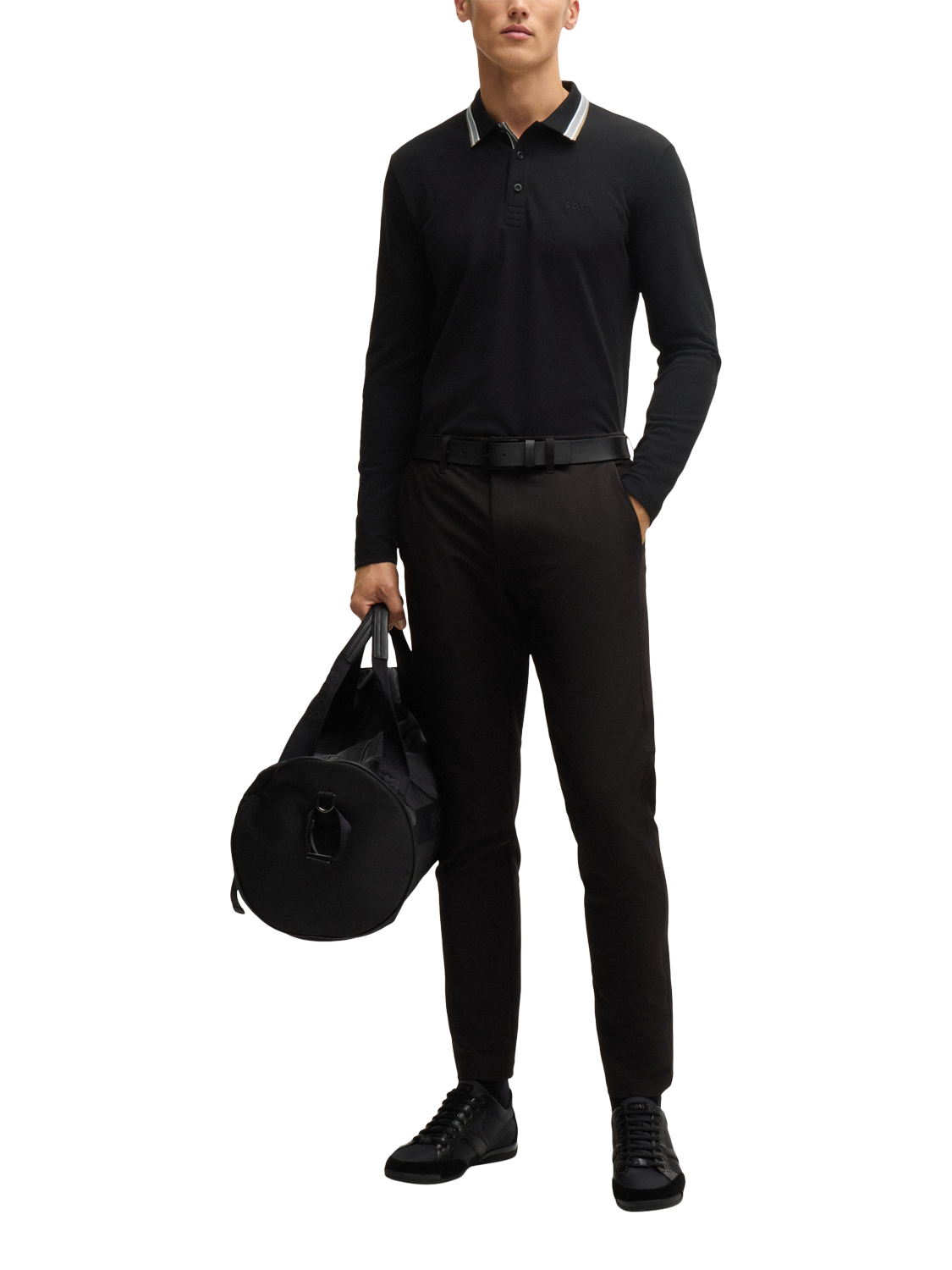 Product image 3 of 5, which shows BOSS Cotton Regular Fit Long Sleeve Polo Shirt, Charcoal, L