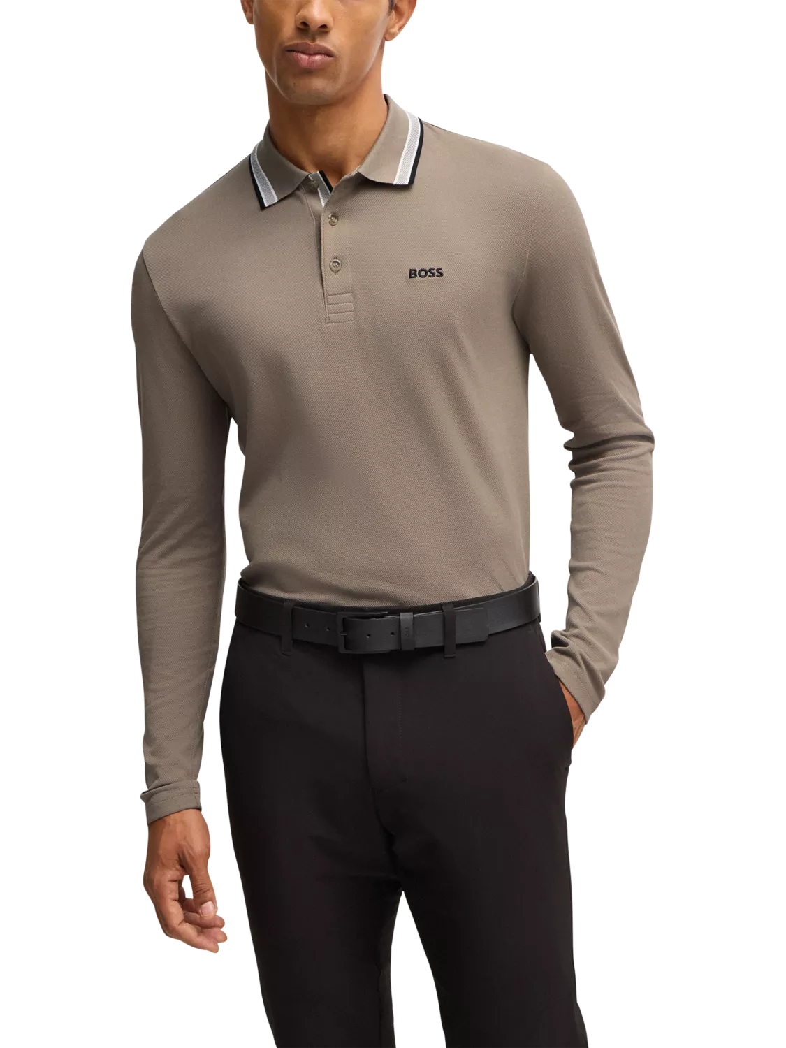 BOSS Cotton Regular Fit Long Sleeve Polo Shirt Pastel Grey