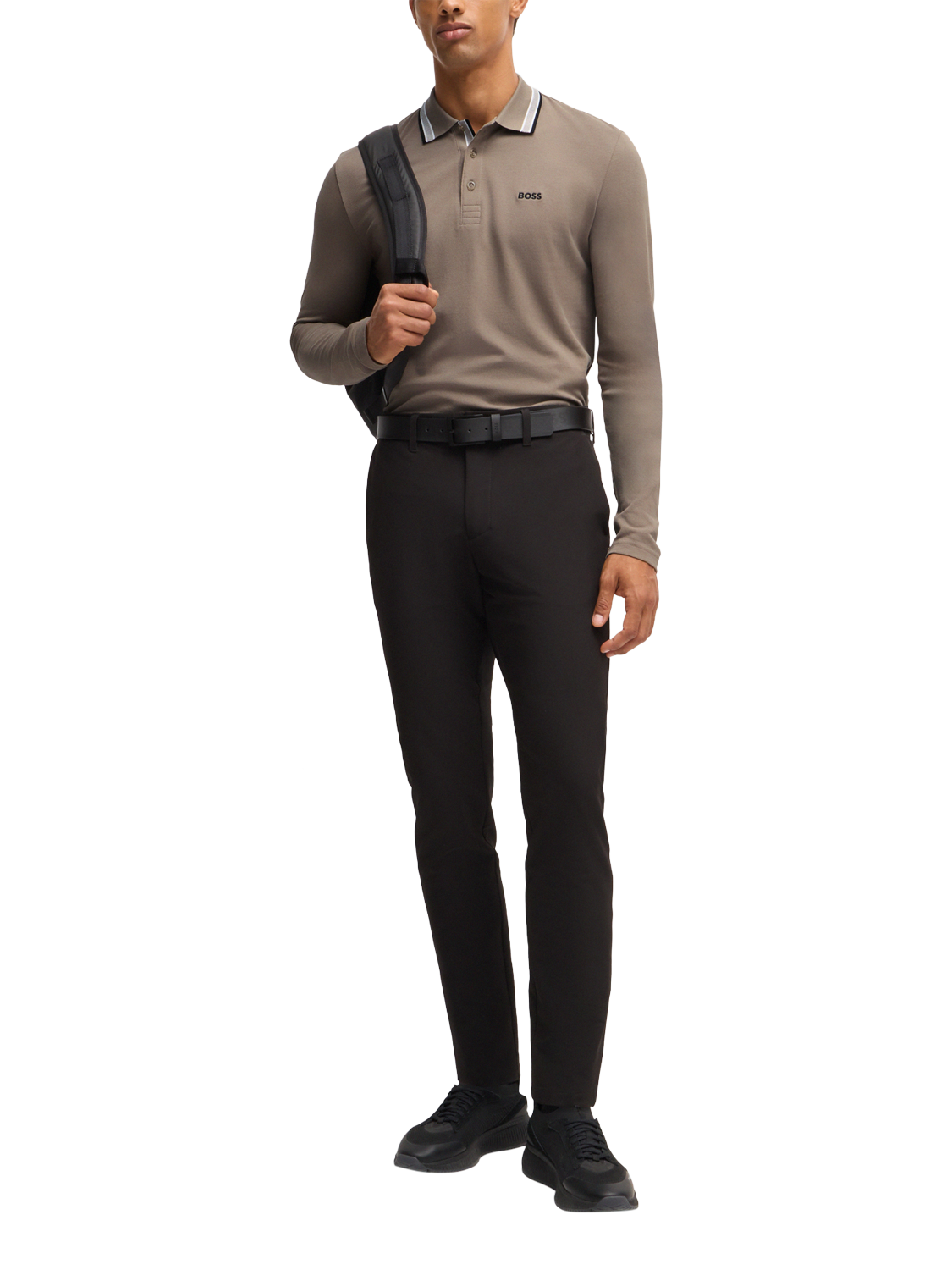 Product image 3 of 5, which shows BOSS Cotton Regular Fit Long Sleeve Polo Shirt, Pastel Grey, XL