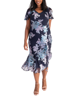 chesca Enchanting Leaves Silk Blend Dress, Navy/Multi, Navy/Multi
