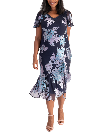 chesca Enchanting Leaves Silk Blend Dress, Navy/Multi, Navy/Multi