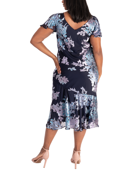 chesca Enchanting Leaves Silk Blend Dress, Navy/Multi - view 2, Navy/Multi