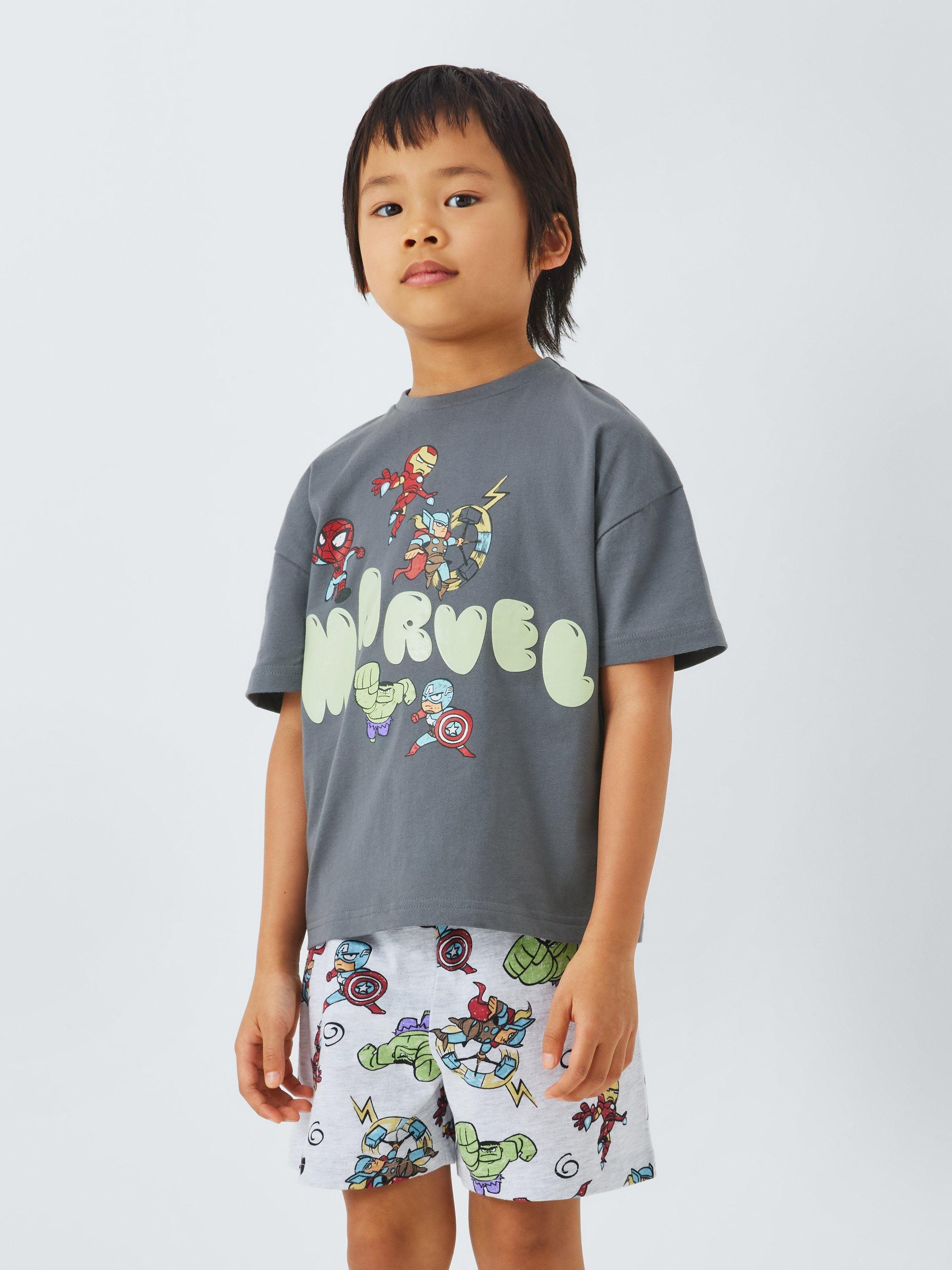 Product image 2 of 7, which shows Brand Threads Kids' Marvel Glow-in-the-Dark Pyjama Set, Grey, 8-9 years