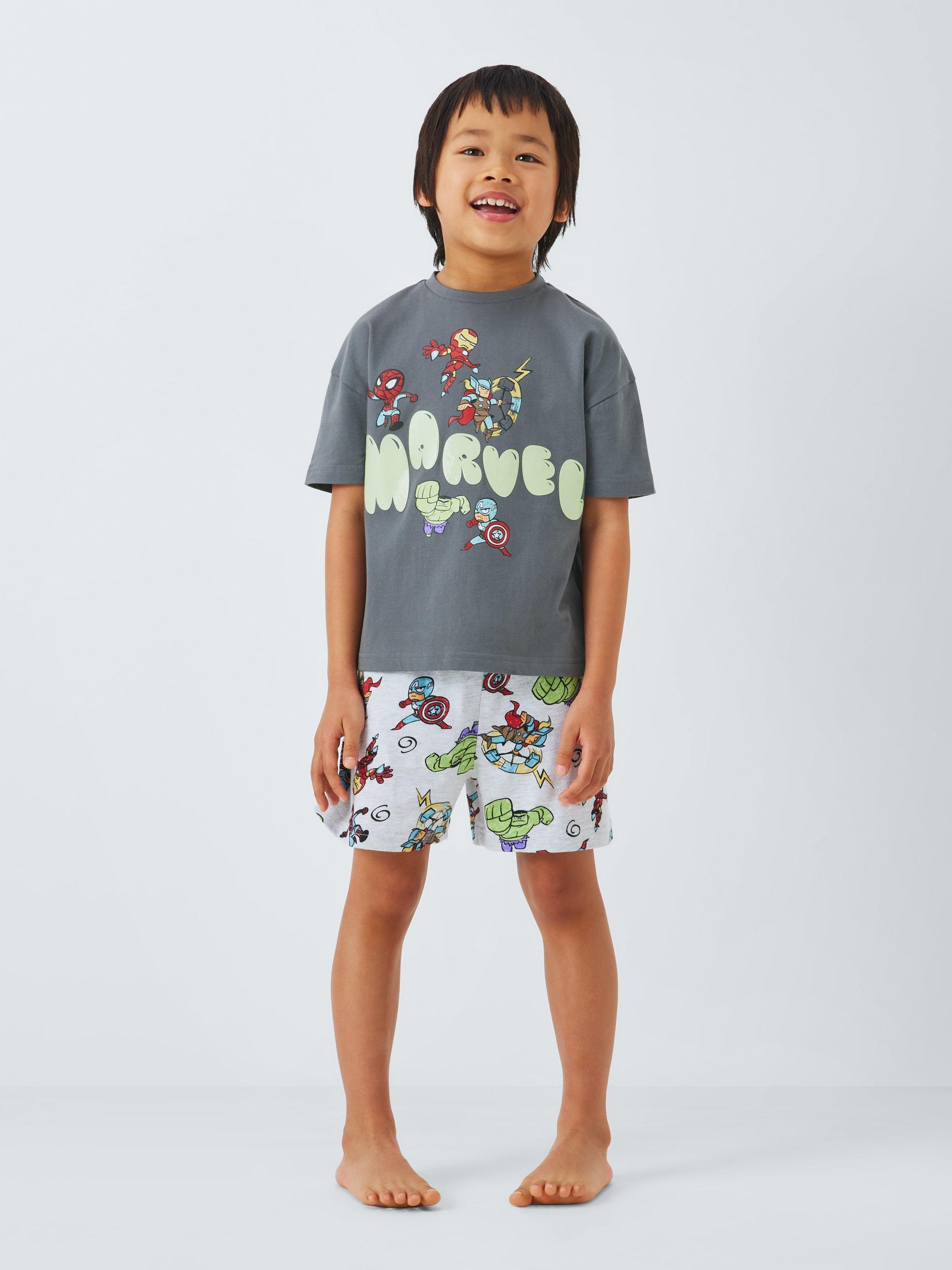 Product image 1 of 7, which shows Brand Threads Kids' Marvel Glow-in-the-Dark Pyjama Set, Grey, 8-9 years