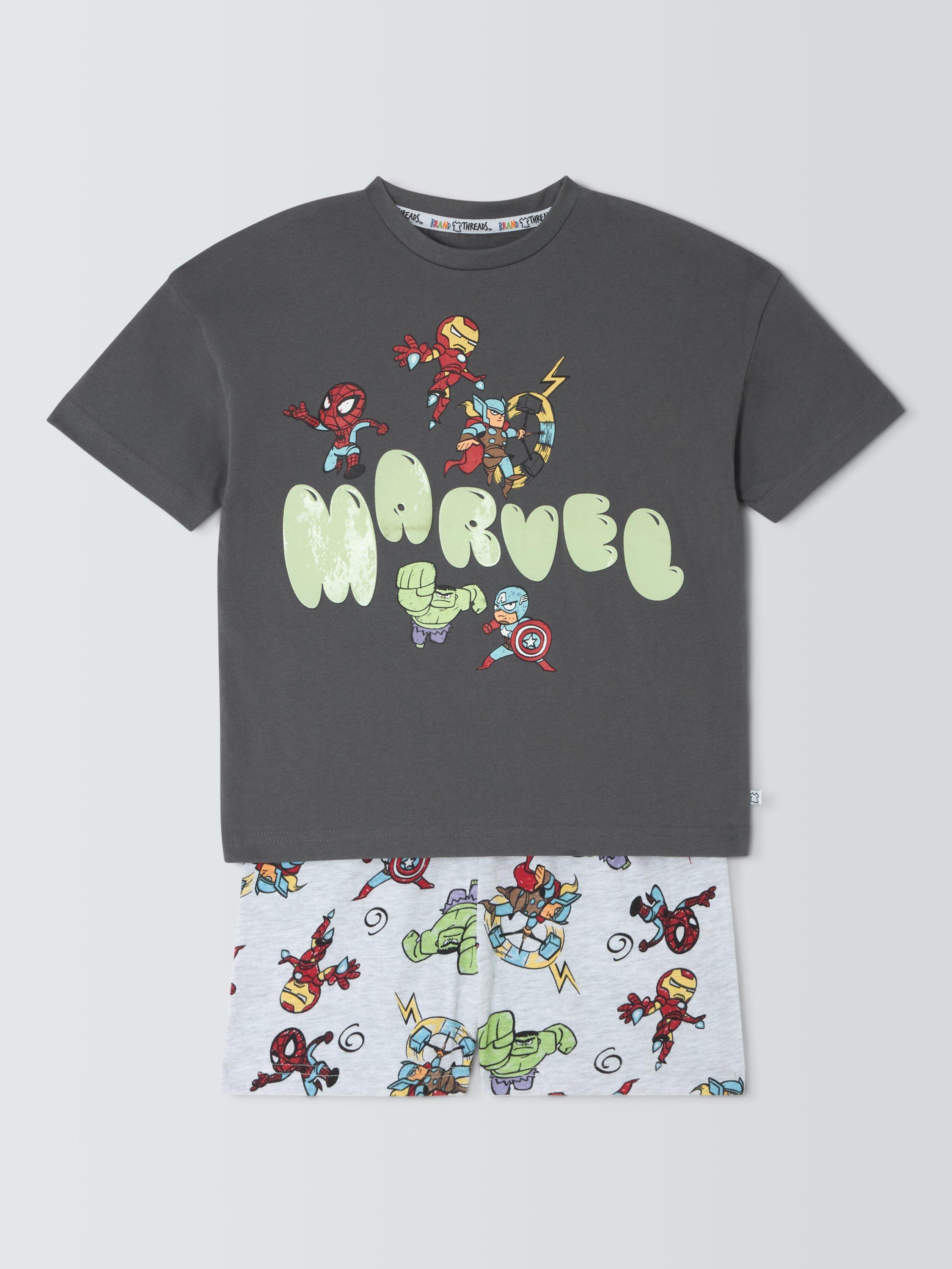 Product image 3 of 7, which shows Brand Threads Kids' Marvel Glow-in-the-Dark Pyjama Set, Grey, 8-9 years