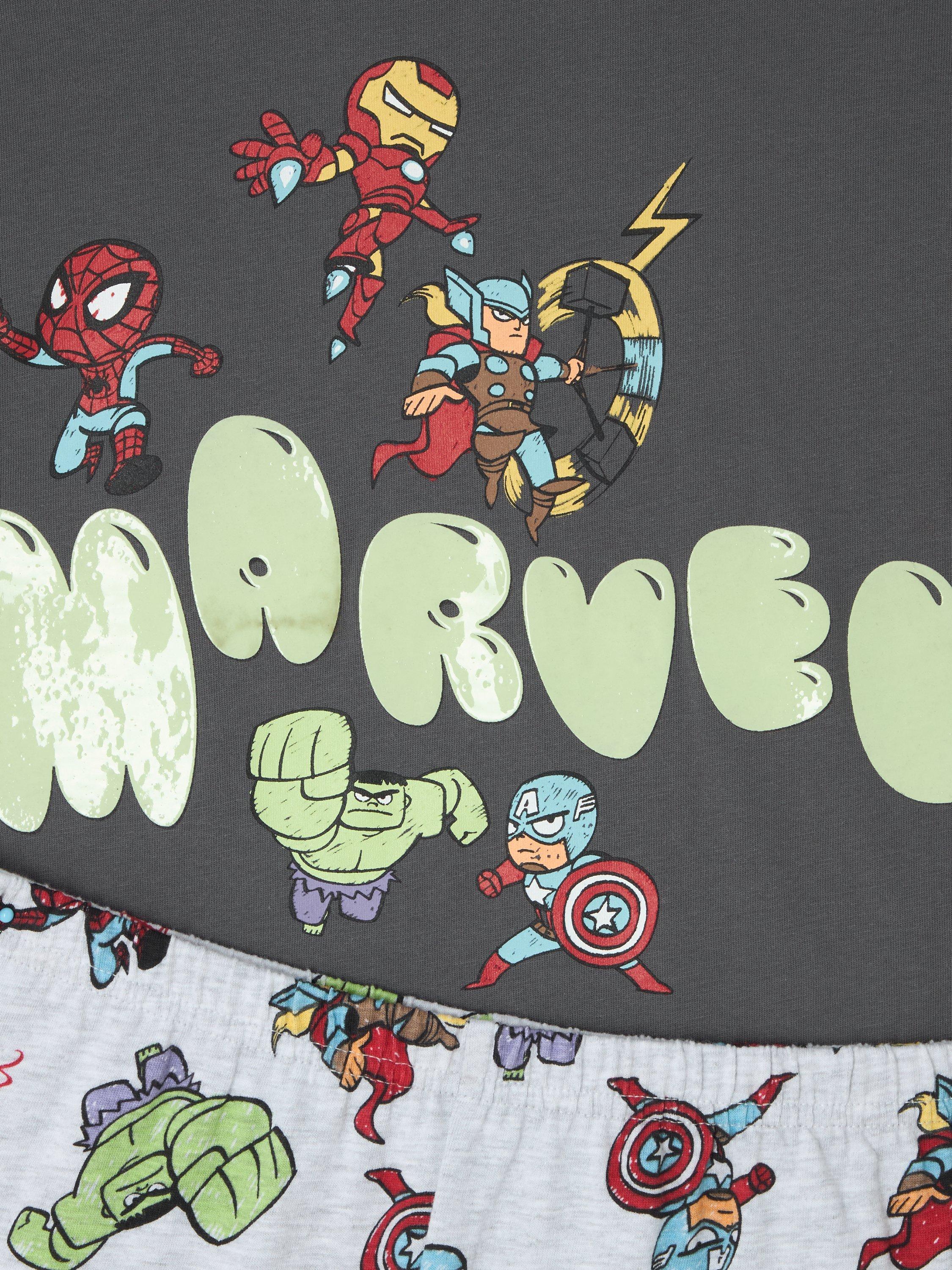 Product image 6 of 7, which shows Brand Threads Kids' Marvel Glow-in-the-Dark Pyjama Set, Grey, 8-9 years