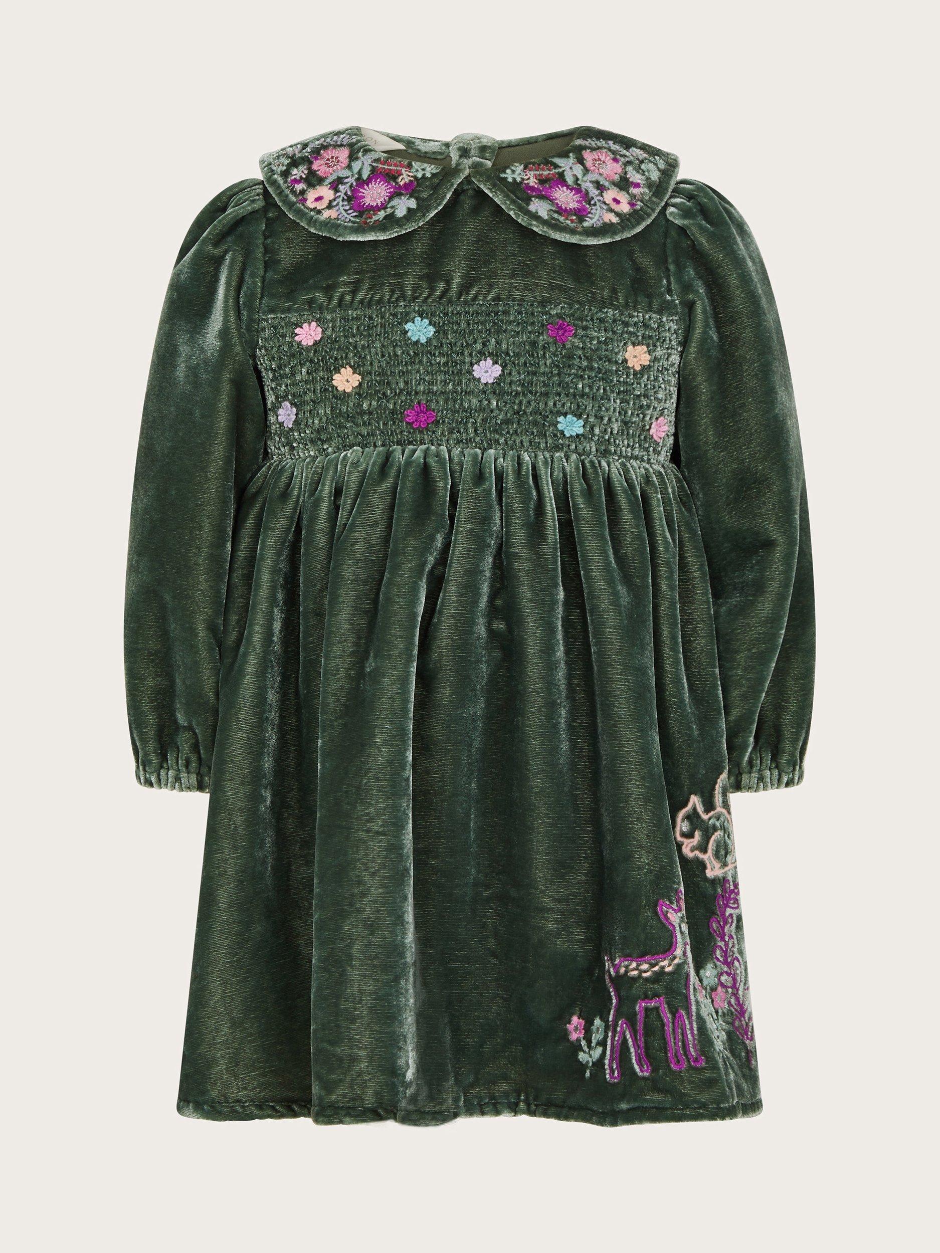 Monsoon Baby Woodland Embroidered Velour Dress, Green