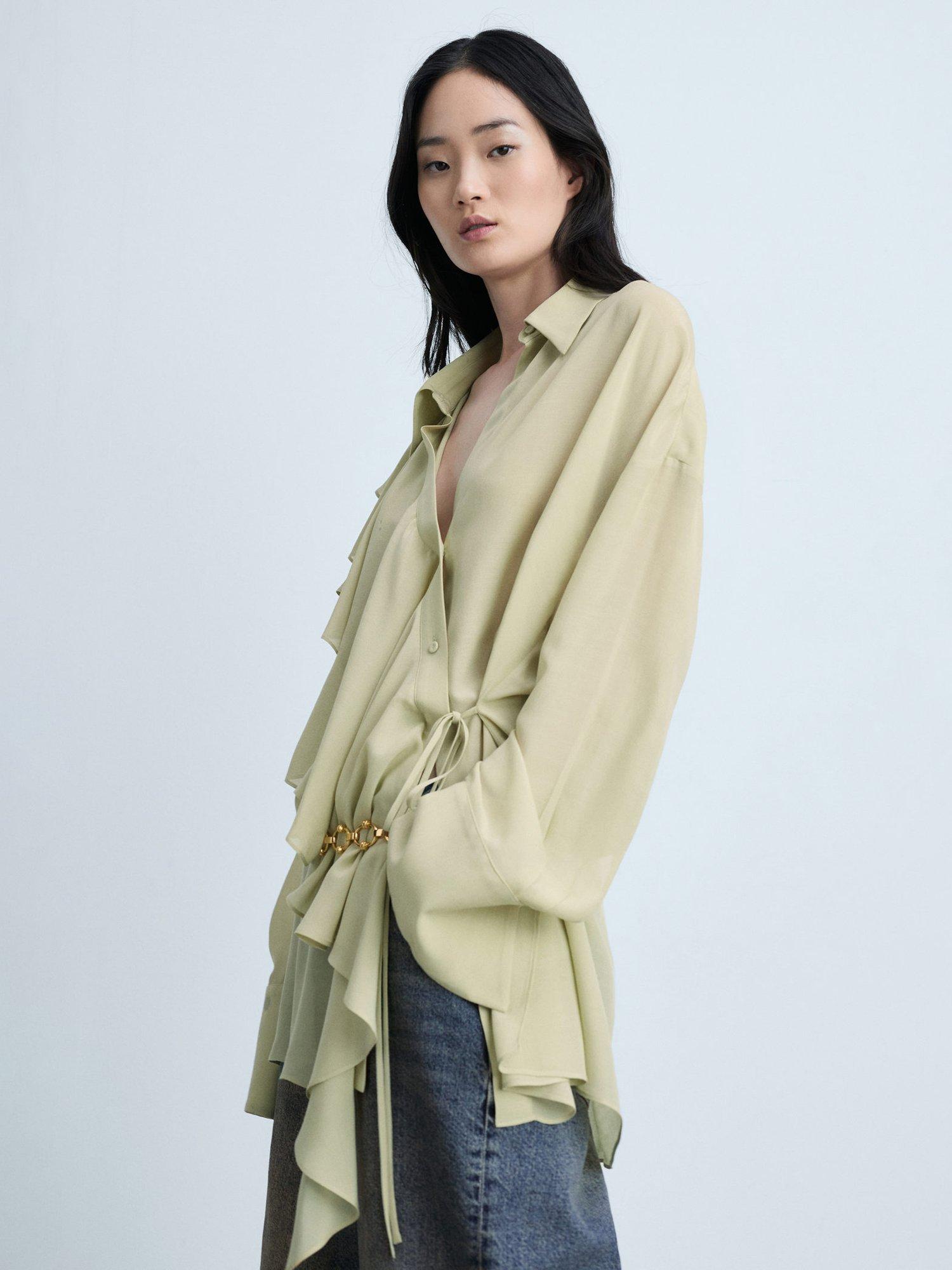 Mango Bruna Ruffle Bow Shirt, Green