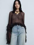 Mango Cape Ruffle Blouse, Dark Brown