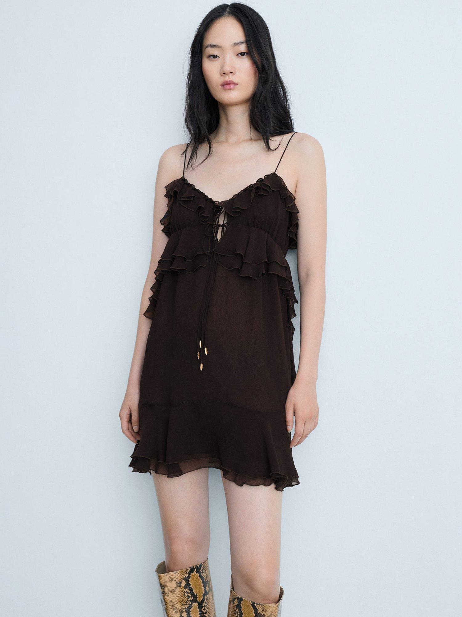 Product image 1 of 6, which shows Mango Garfi Ruffle Mini Dress, Dark Brown, 10