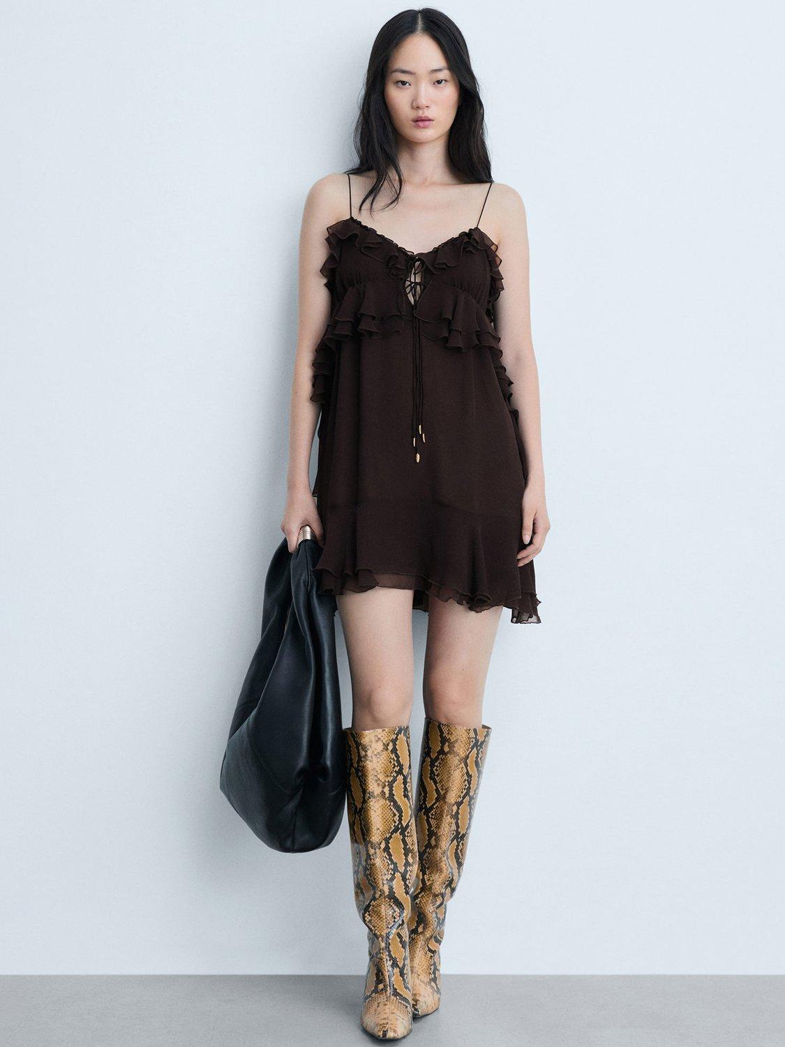 Product image 2 of 6, which shows Mango Garfi Ruffle Mini Dress, Dark Brown, 10