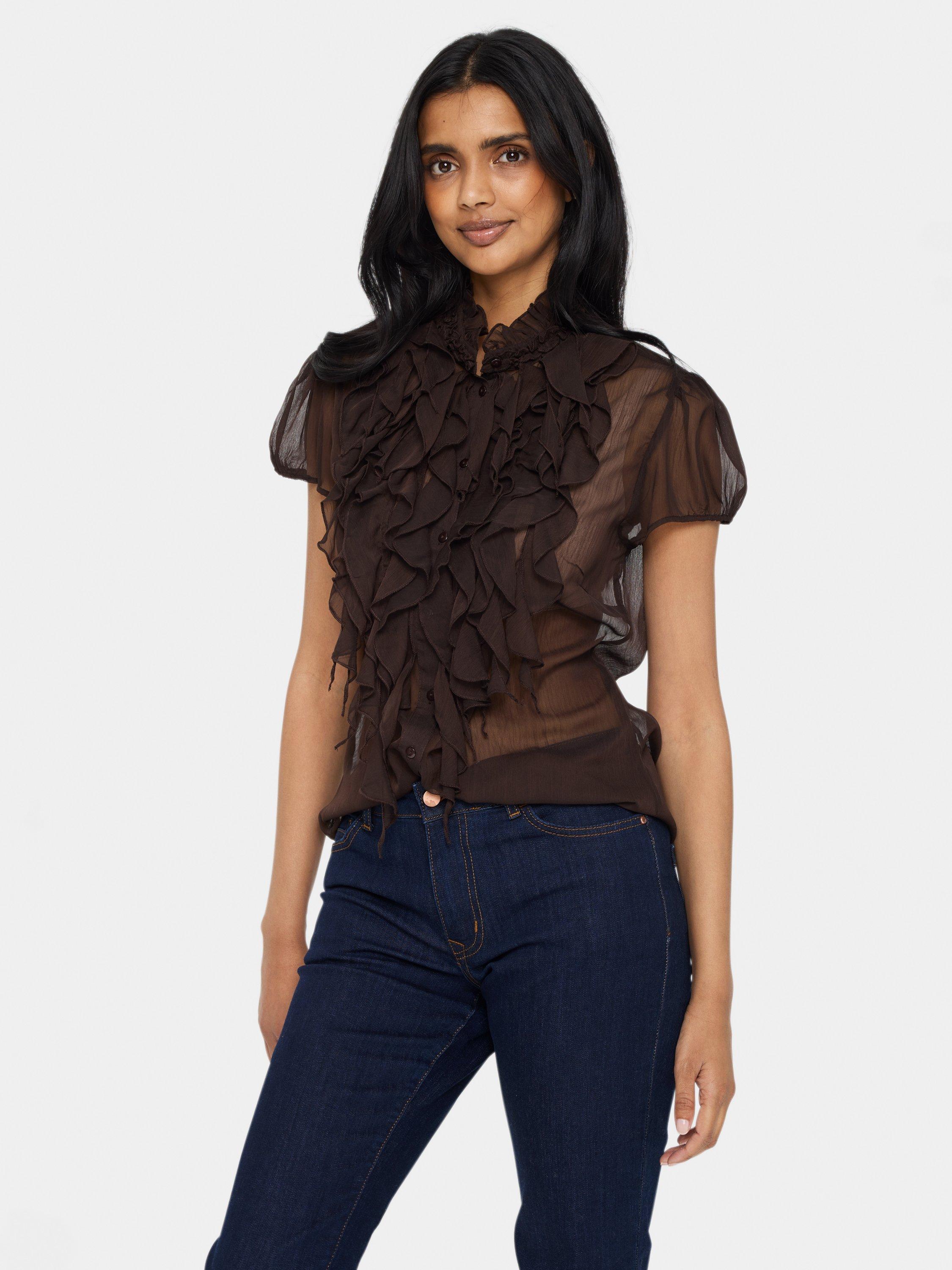 Product image 1 of 5, which shows Saint Tropez Lilja Ruffle Top, Dark Oak, XS