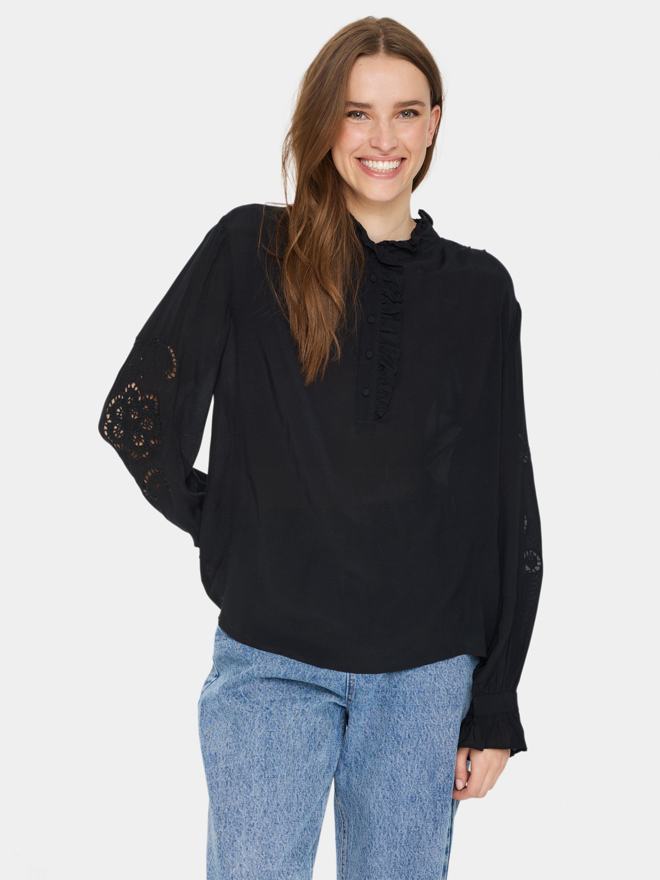 Product image 1 of 5, which shows Saint Tropez Greya Broderie Anglaise Sleeve Top, Black, M