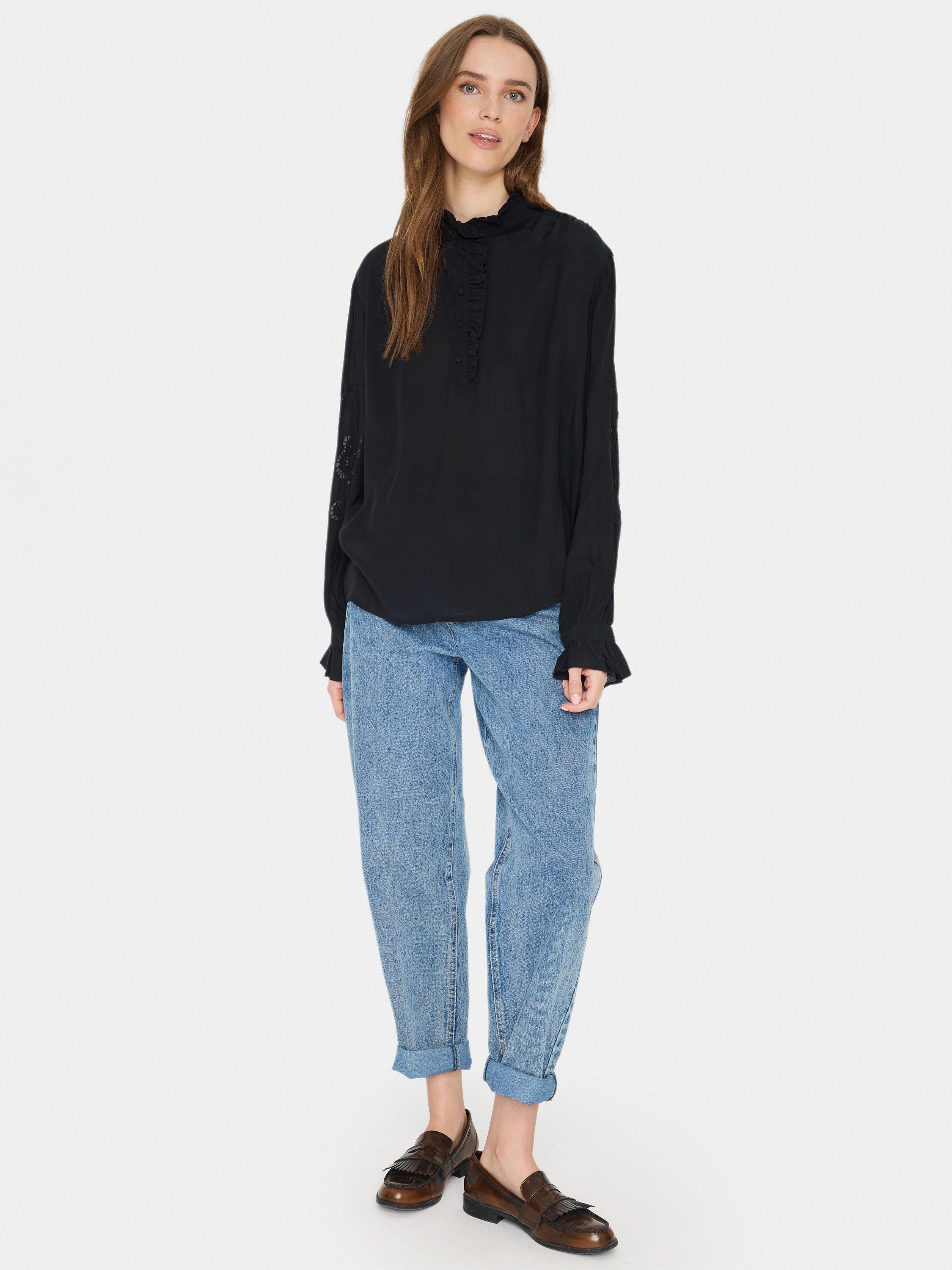 Product image 3 of 5, which shows Saint Tropez Greya Broderie Anglaise Sleeve Top, Black, M