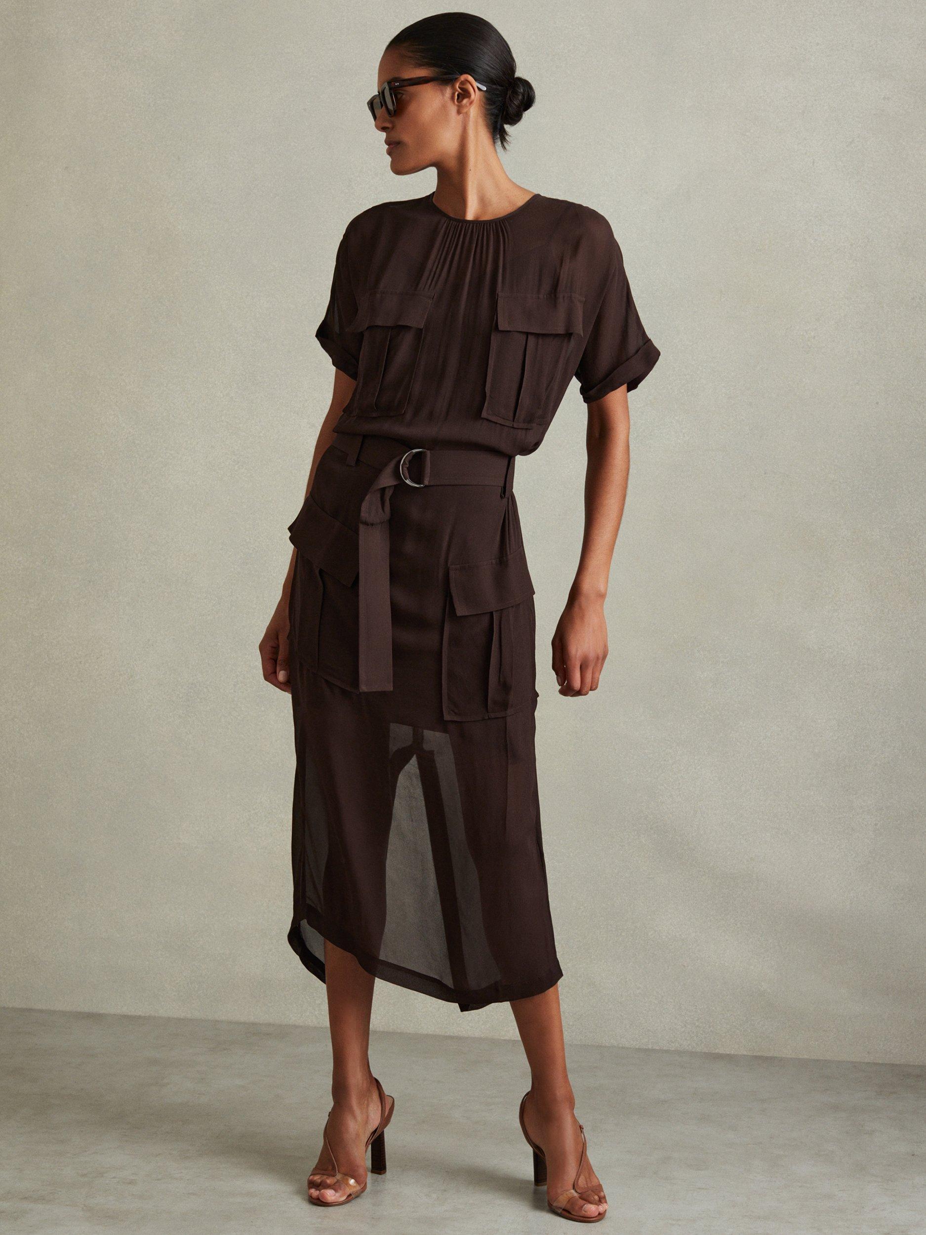 Product image 1 of 5, which shows Reiss Essie Pocket Midi Dress, Chocolate, 8