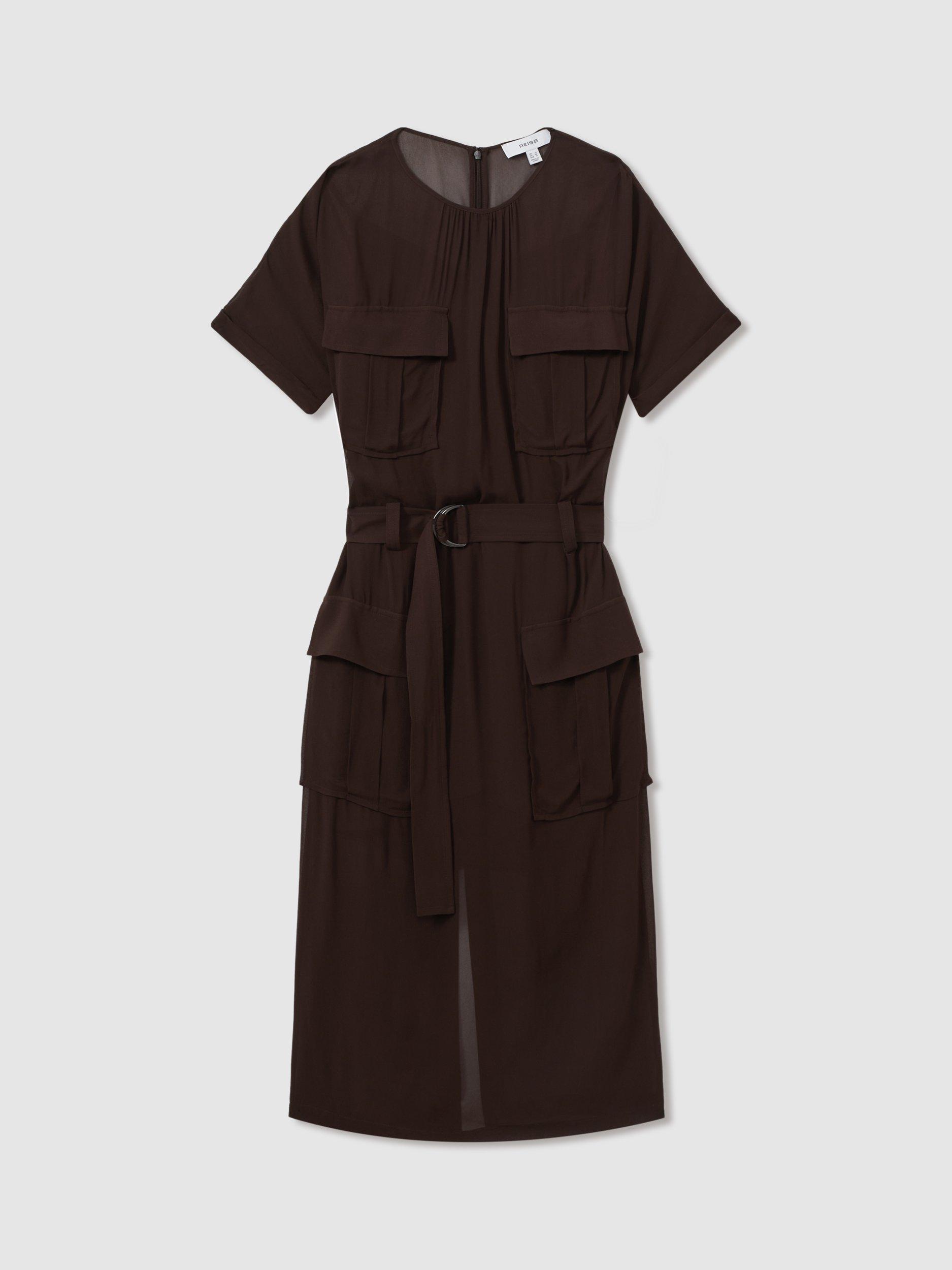 Product image 5 of 5, which shows Reiss Essie Pocket Midi Dress, Chocolate, 8