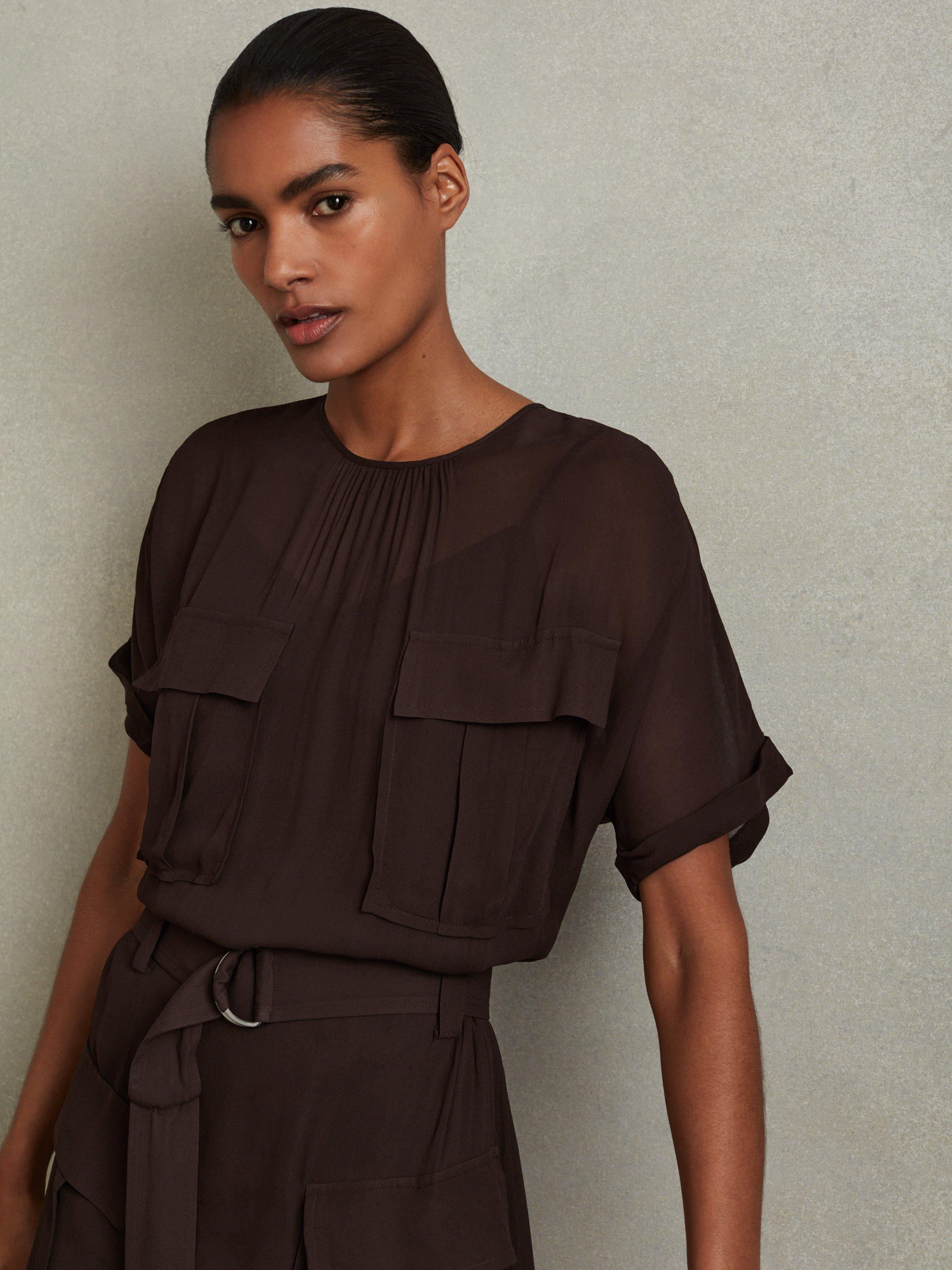 Product image 3 of 5, which shows Reiss Essie Pocket Midi Dress, Chocolate, 8