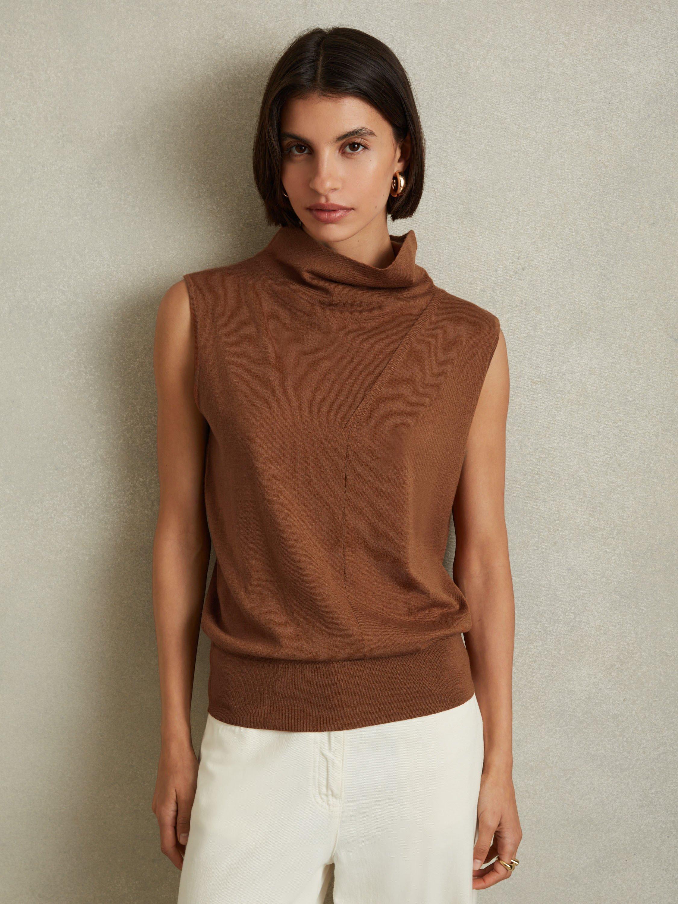 Reiss Harper Slouch Neck Wool Knit Sleeveless Top, Toffee