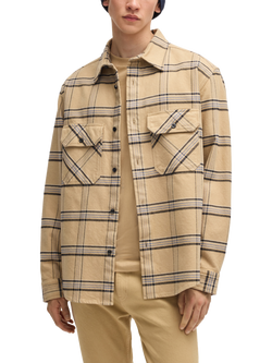 HUGO Cotton Loose Fit Check Shirt, Beige/Multi, Beige/Multi