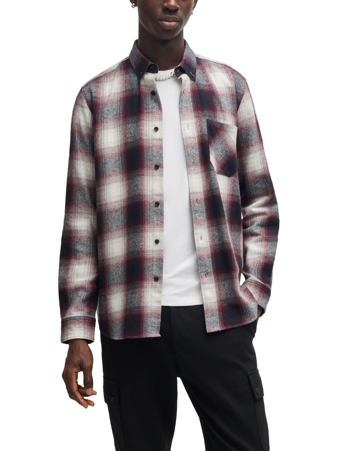 HUGO Long Sleeve Check Cotton Shirt, Dark Pink/Multi