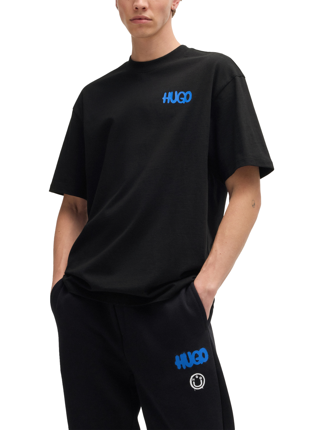 HUGO Graffiti Logo Cotton Crew Neck T-Shirt, Black