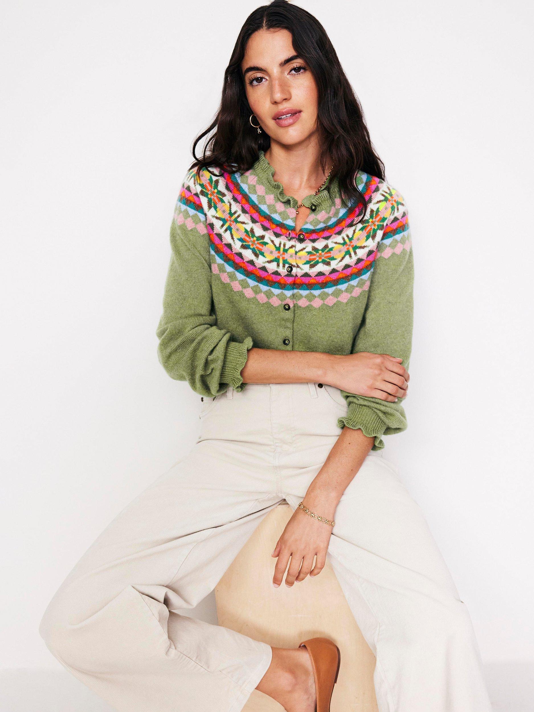 Boden Fae Fair Isle Frill Wool Blend Cardigan, Green/Multi