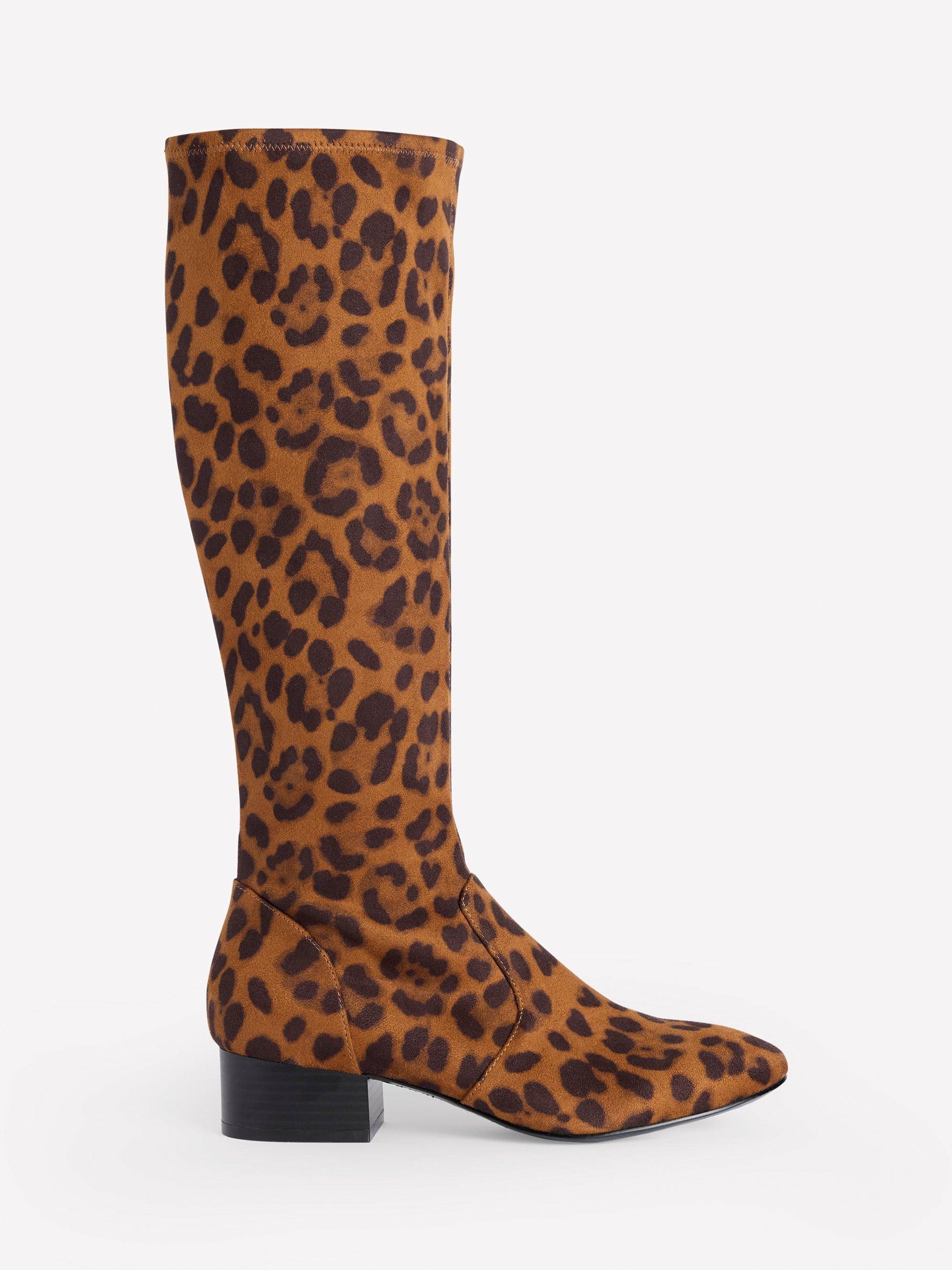 Boden Flat Stretch Leopard Print Knee High Boots Tan