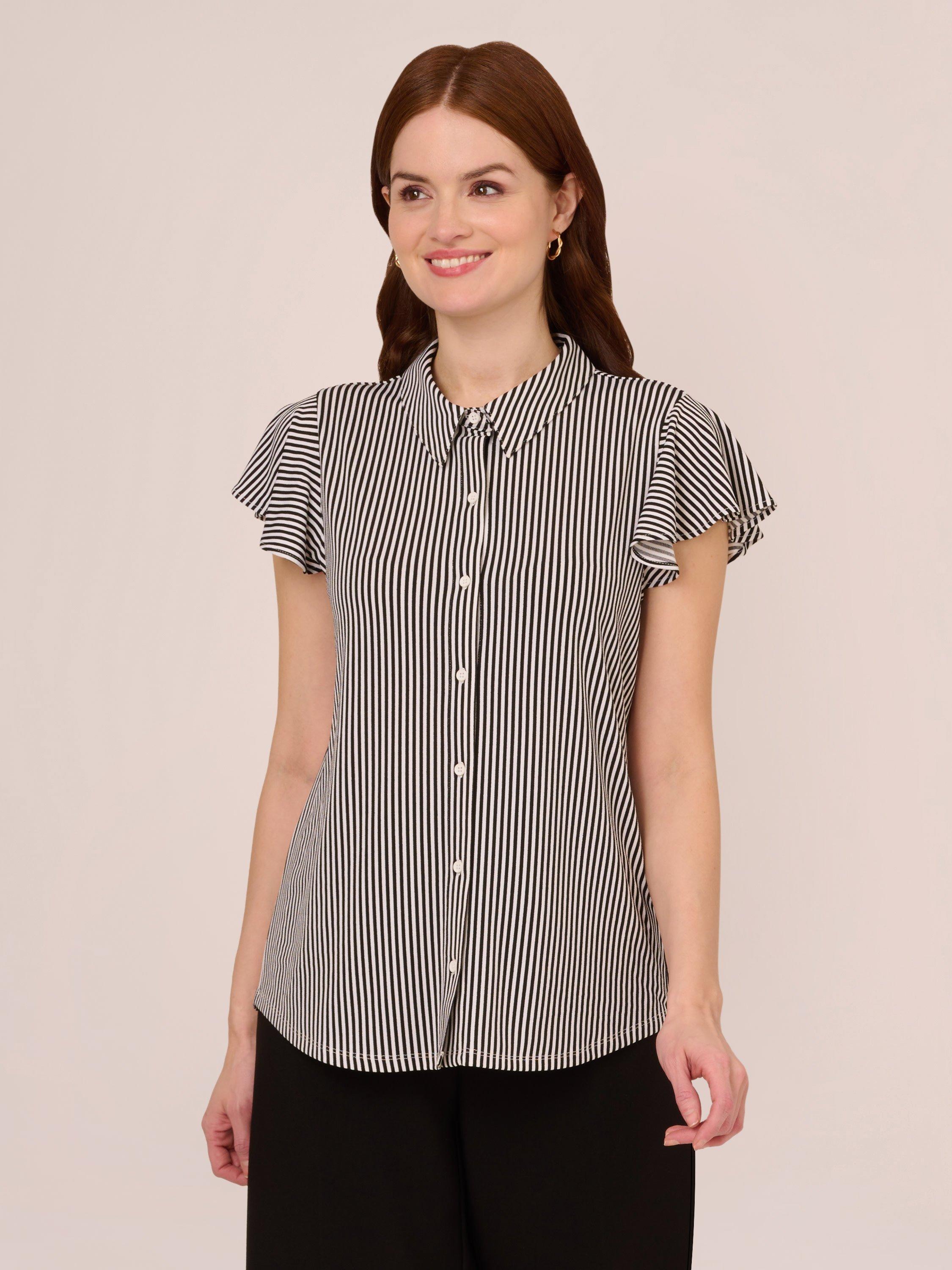 Adrianna Papell Stripe Flutter Sleeve Shirt, Black/Ivory