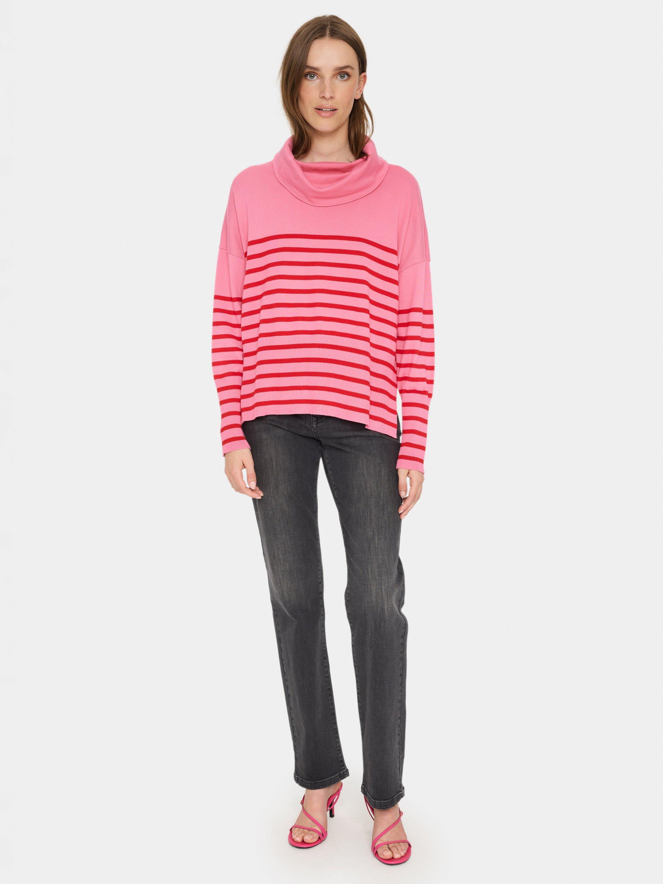Product image 3 of 6, which shows Saint Tropez Grila Stripe Cowl Neck Jumper, Chateau Rose/Red, XS