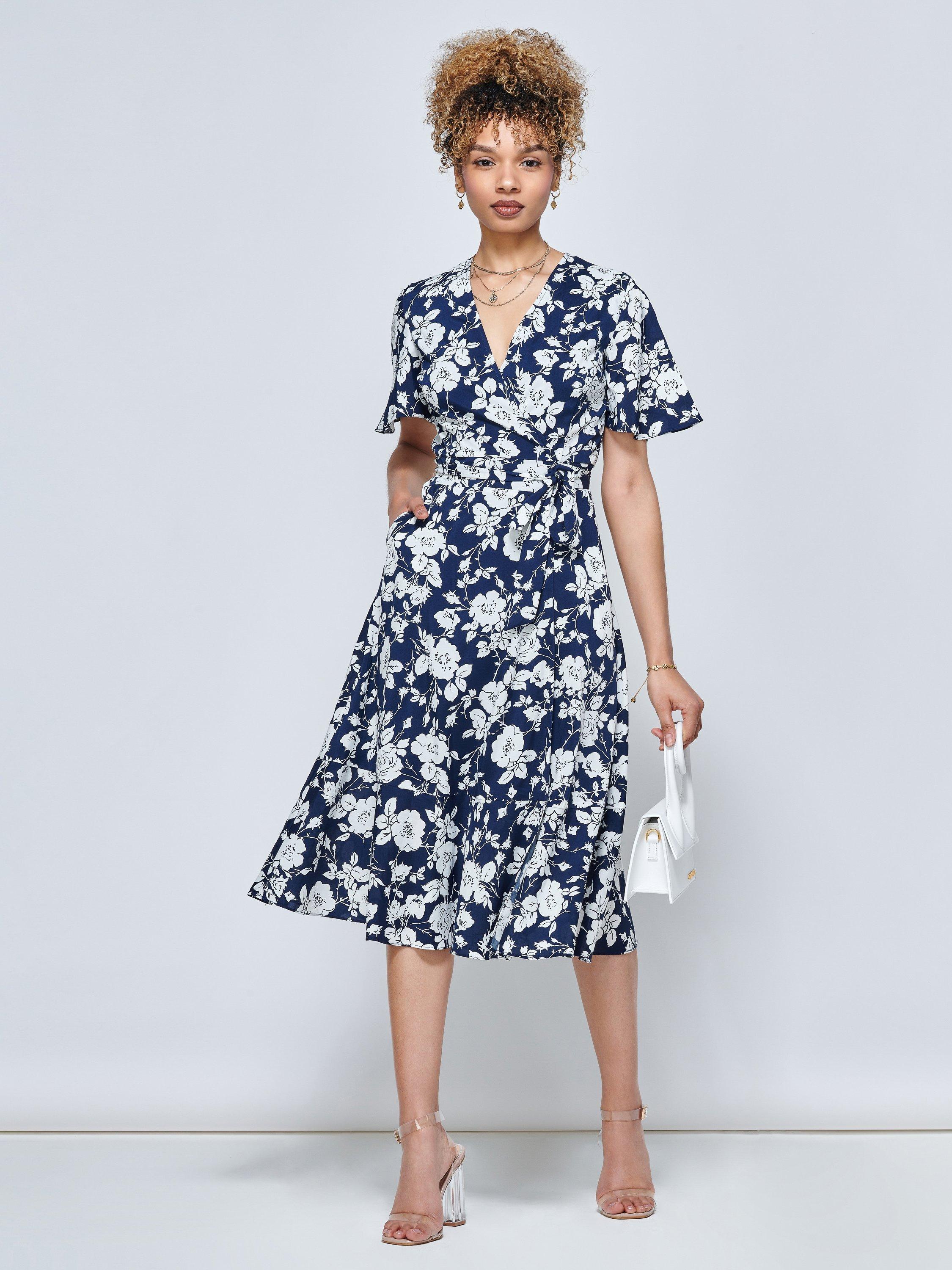 Jolie Moi Wylla Floral Wrap Midi Dress, Navy/White