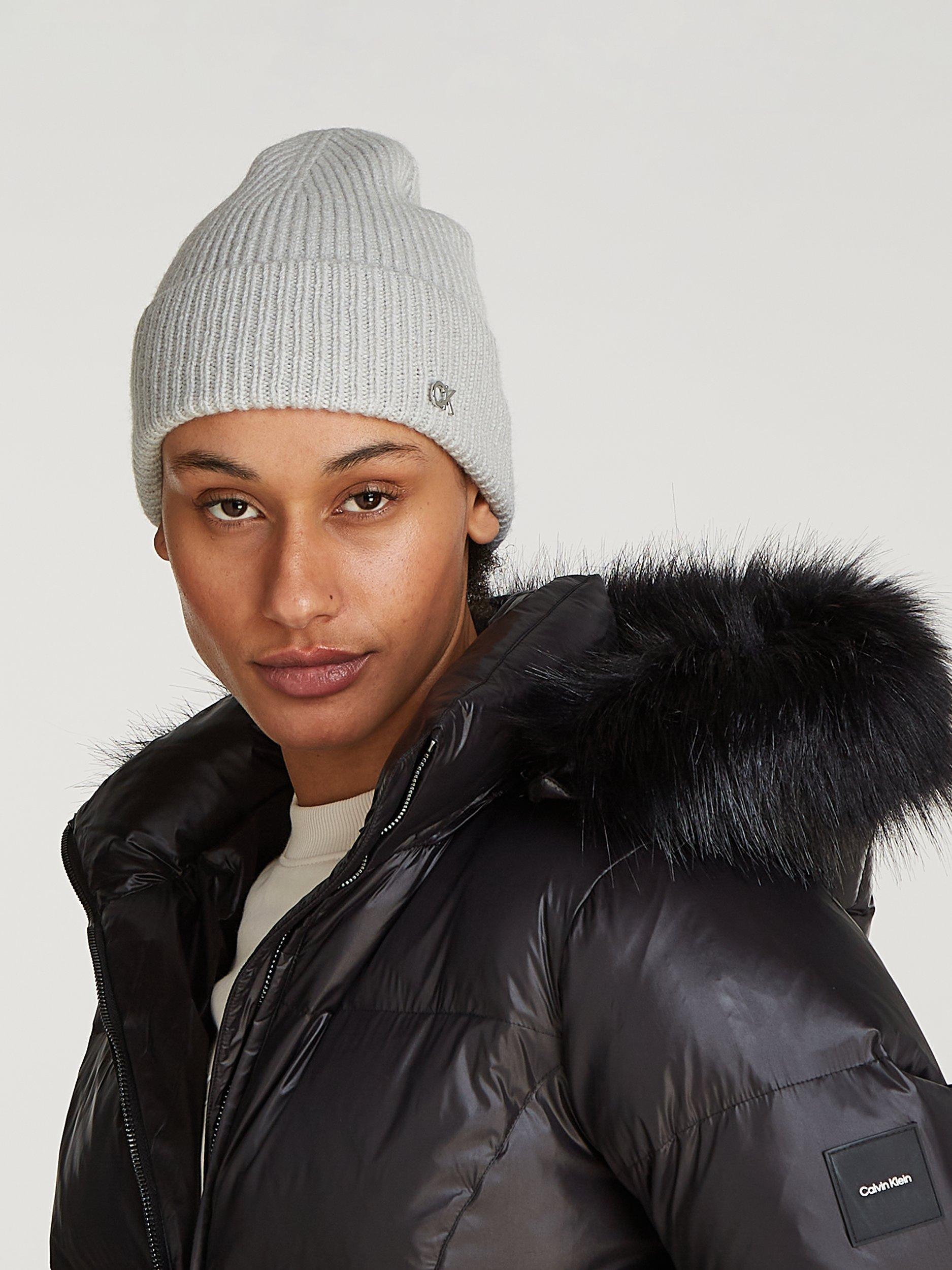 Calvin Klein Metal Logo Wool Cashmere Beanie Hat, Pearl Grey, One Size