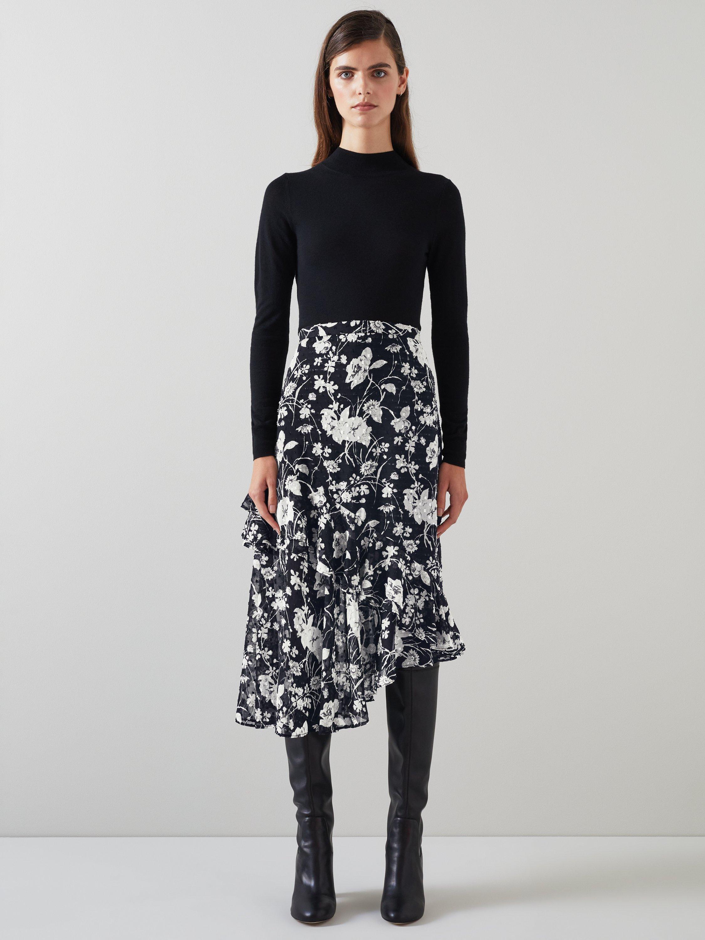 Product image 1 of 4, which shows L.K.Bennett Winona Floral Asymmetric Skirt, Black/White, 6
