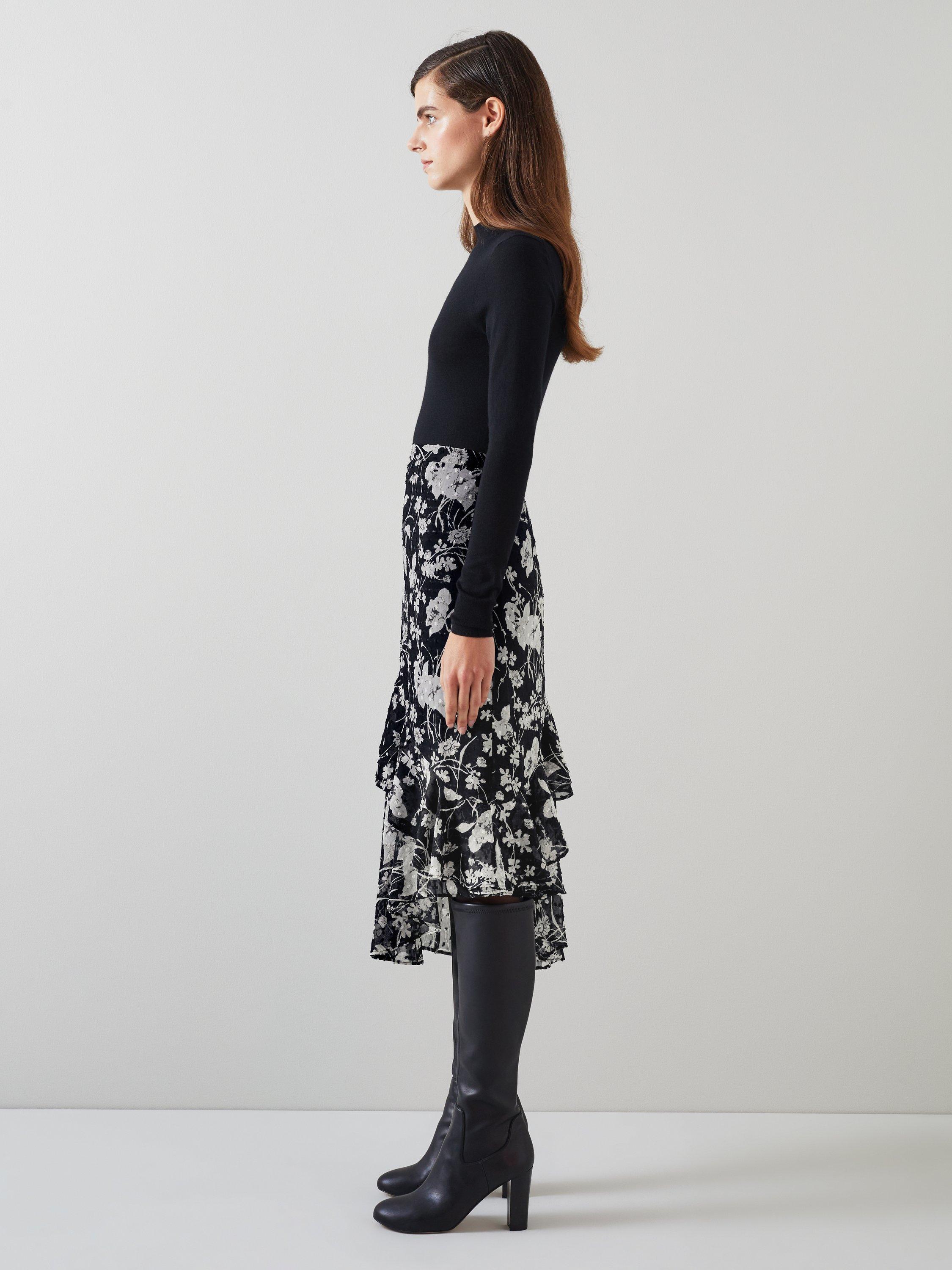 Product image 2 of 4, which shows L.K.Bennett Winona Floral Asymmetric Skirt, Black/White, 6