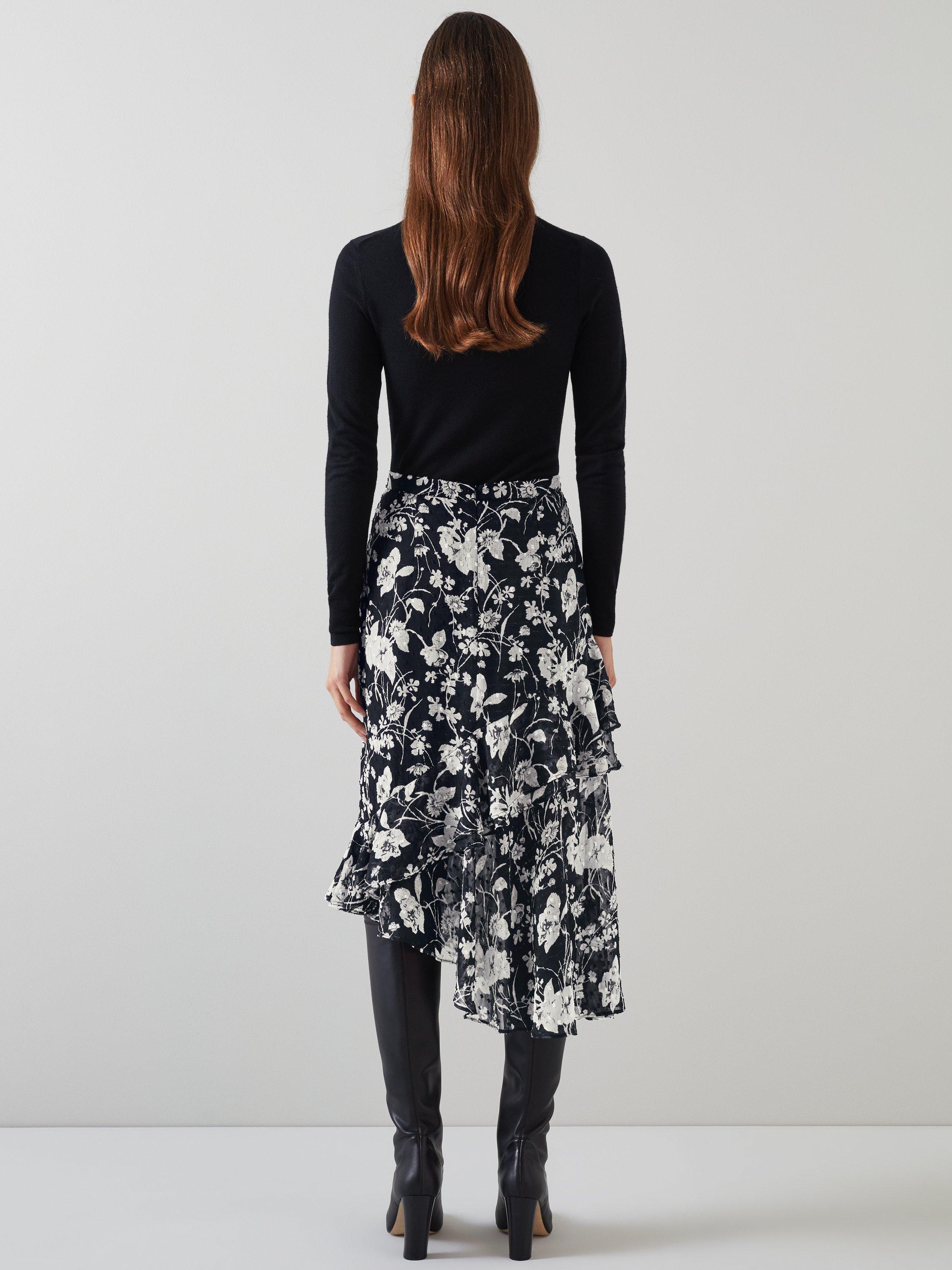 Product image 3 of 4, which shows L.K.Bennett Winona Floral Asymmetric Skirt, Black/White, 6