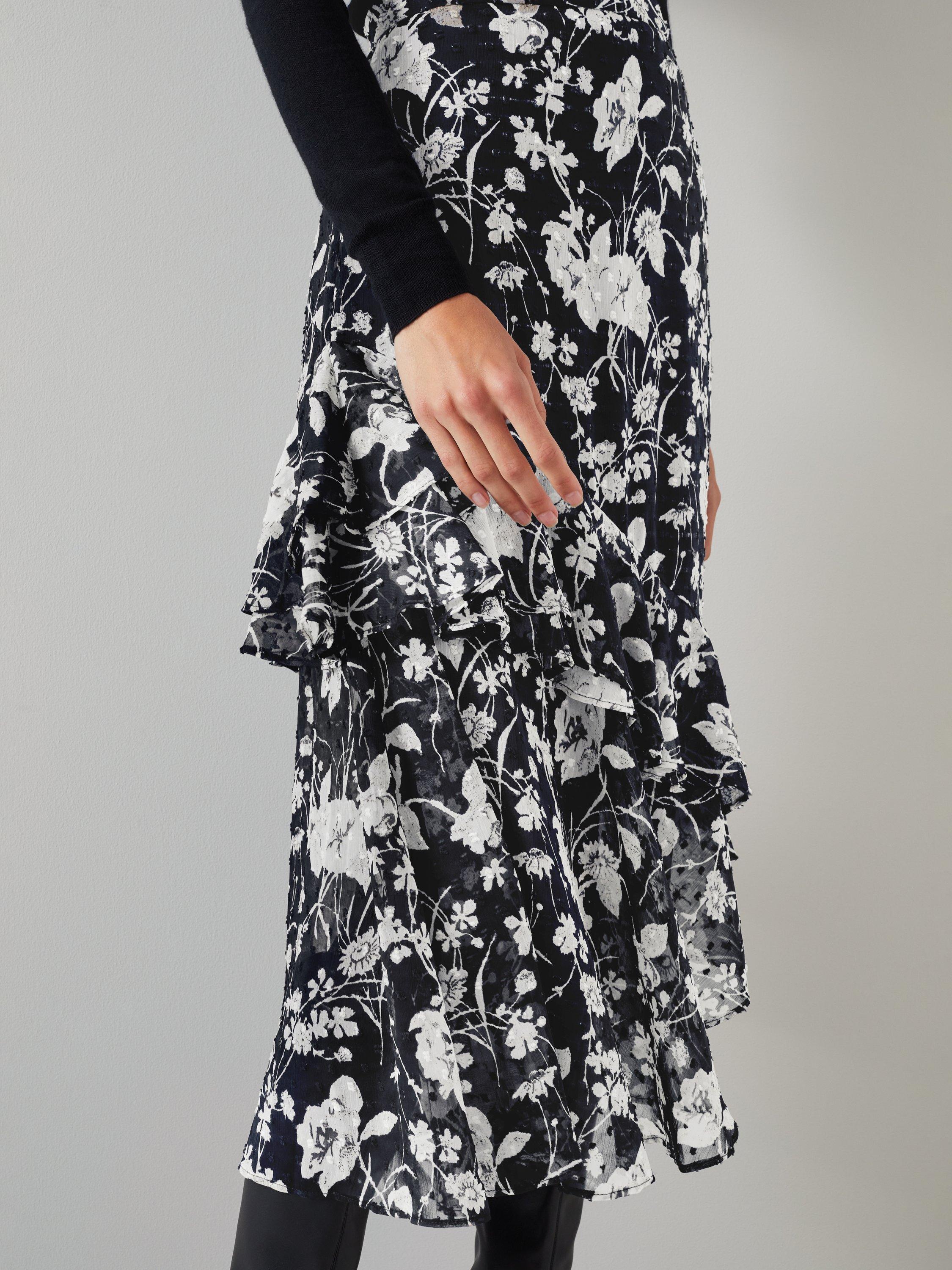 Product image 4 of 4, which shows L.K.Bennett Winona Floral Asymmetric Skirt, Black/White, 6