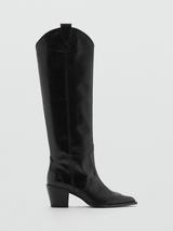 Mango Leather Cowboy Knee High Boots Black