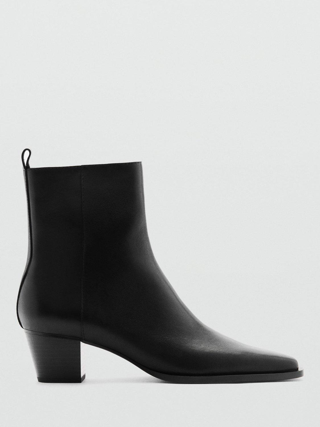 Mango Today Leather Block Heel Pointed Toe Ankle Boots Black