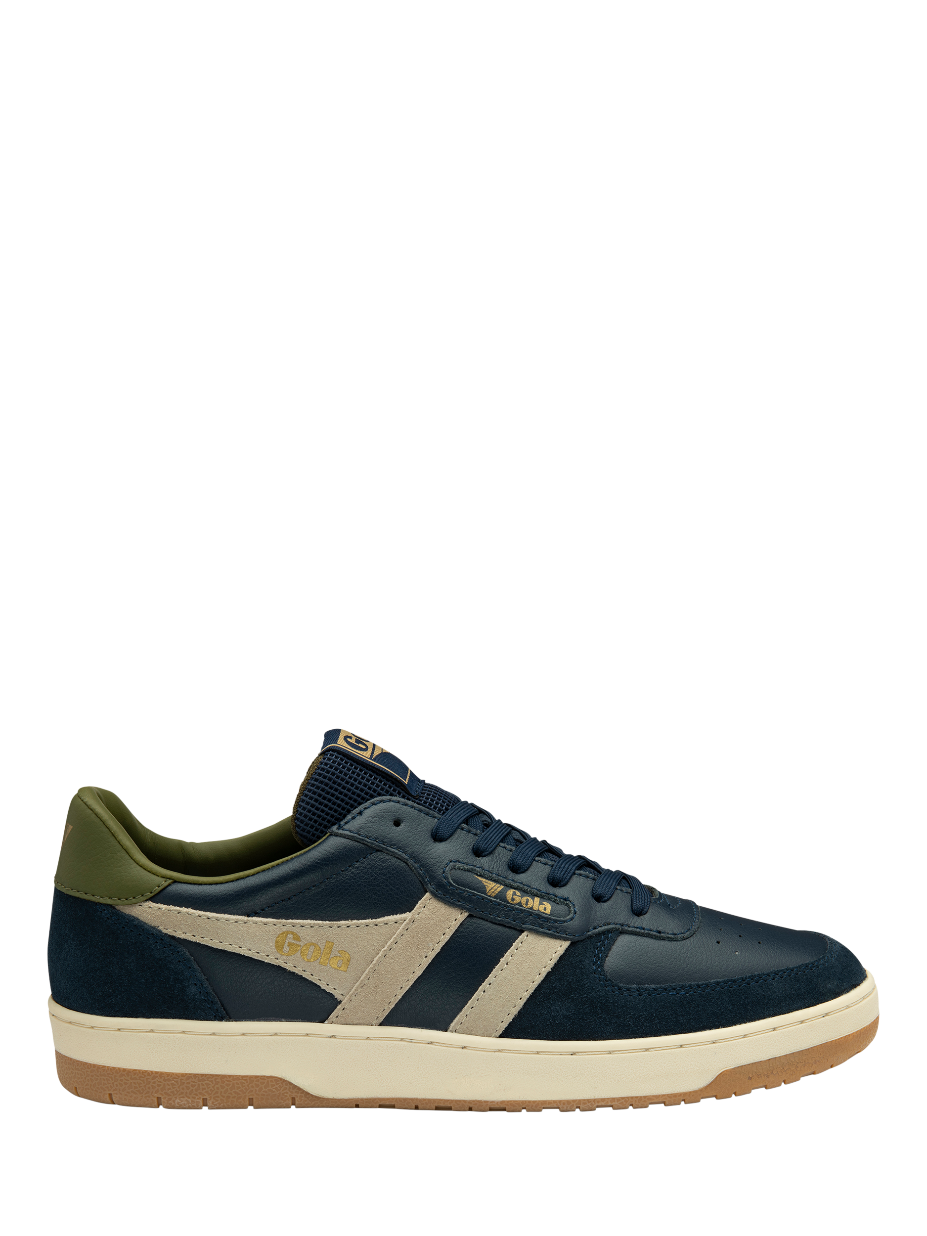 Product image 1 of 5, which shows Gola Classics Hawk Leather Trainers, Navy/Multi, 6