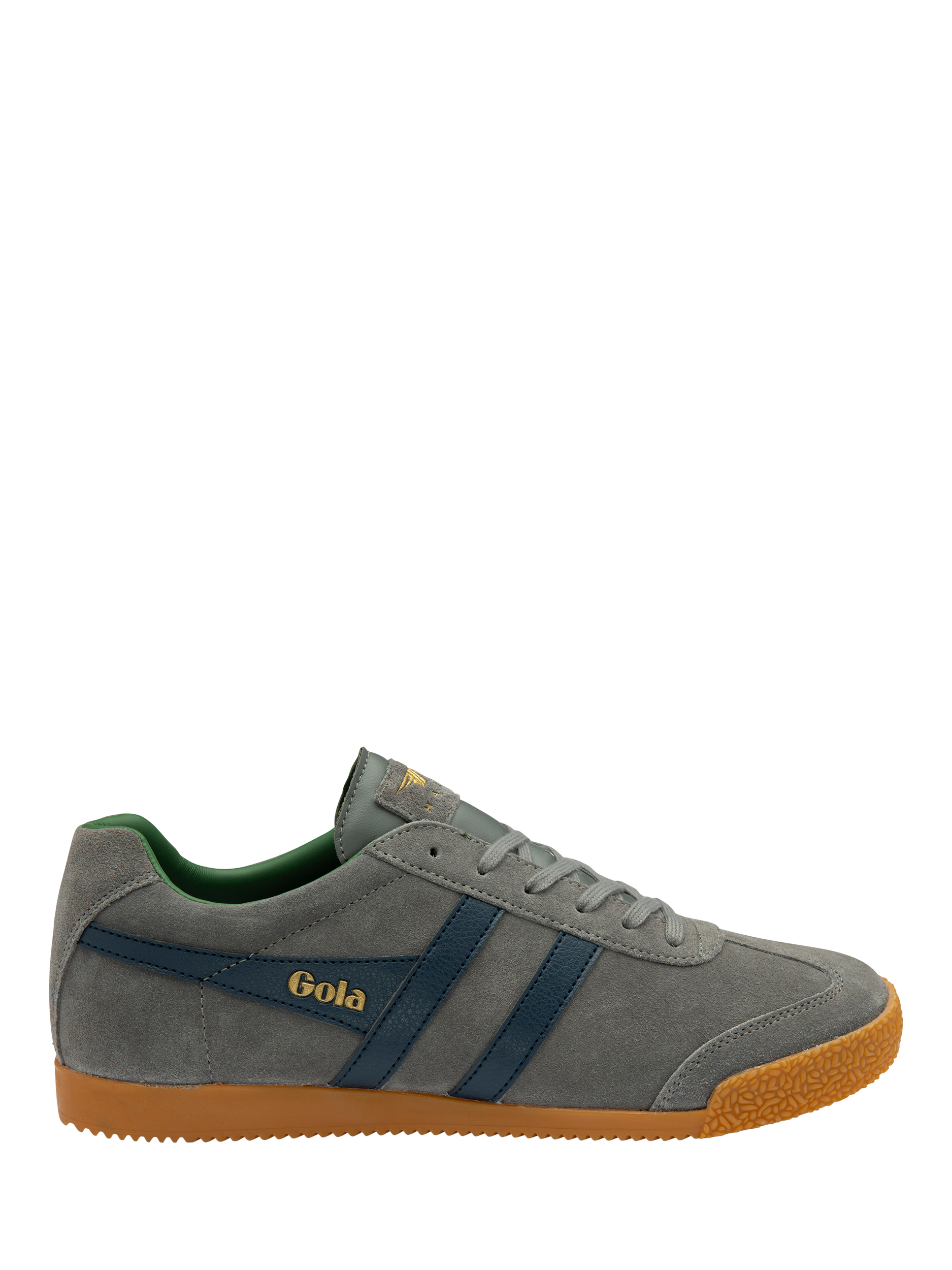Product image 1 of 5, which shows Gola Harrier Suede Heritage Trainers, Ash/Navy/Evergreen, 6