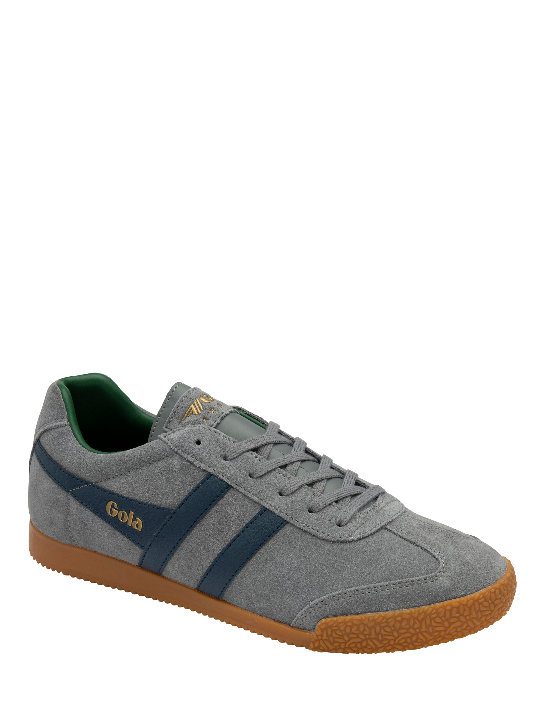 Product image 2 of 5, which shows Gola Harrier Suede Heritage Trainers, Ash/Navy/Evergreen, 6