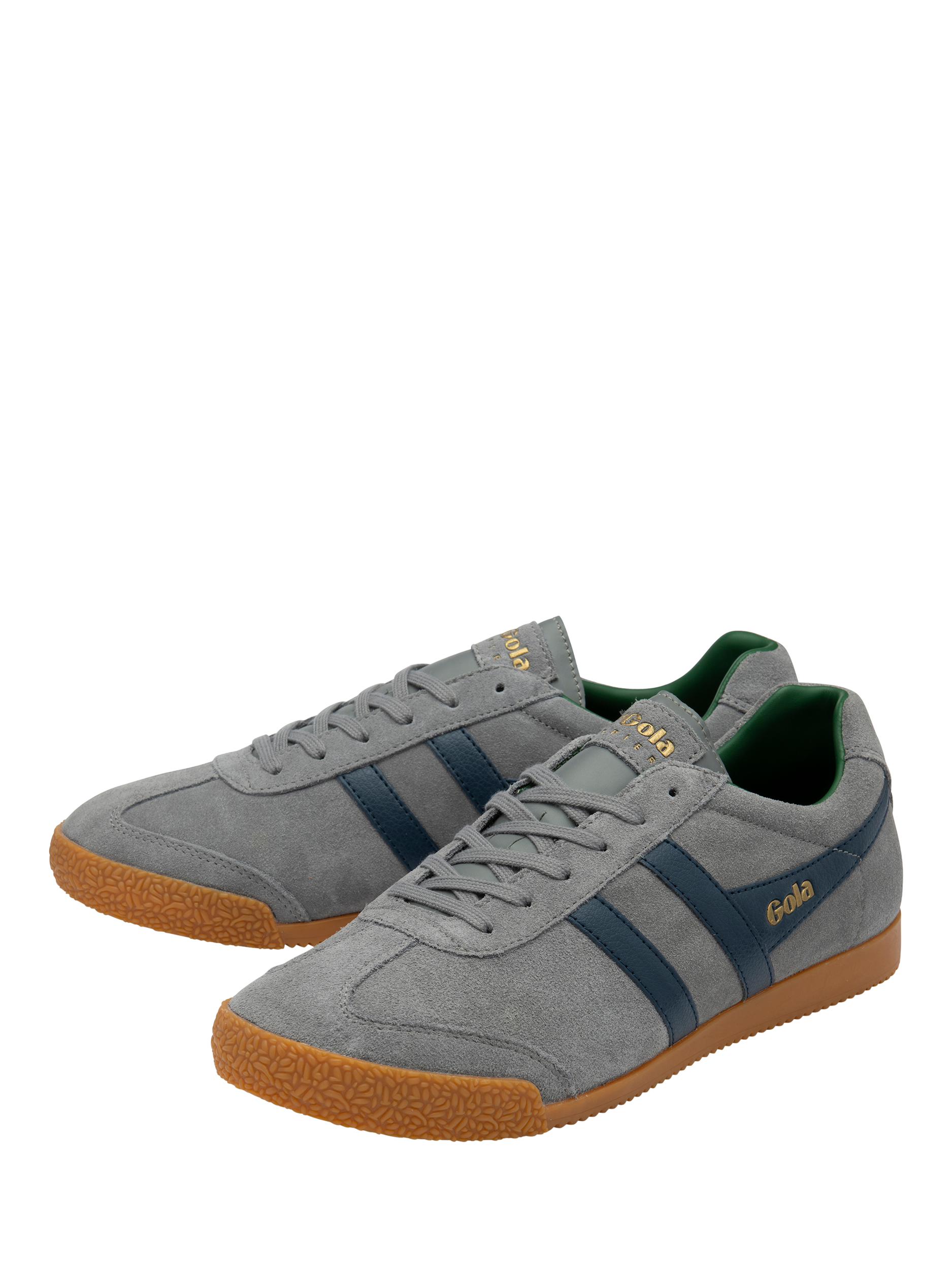Product image 3 of 5, which shows Gola Harrier Suede Heritage Trainers, Ash/Navy/Evergreen, 6
