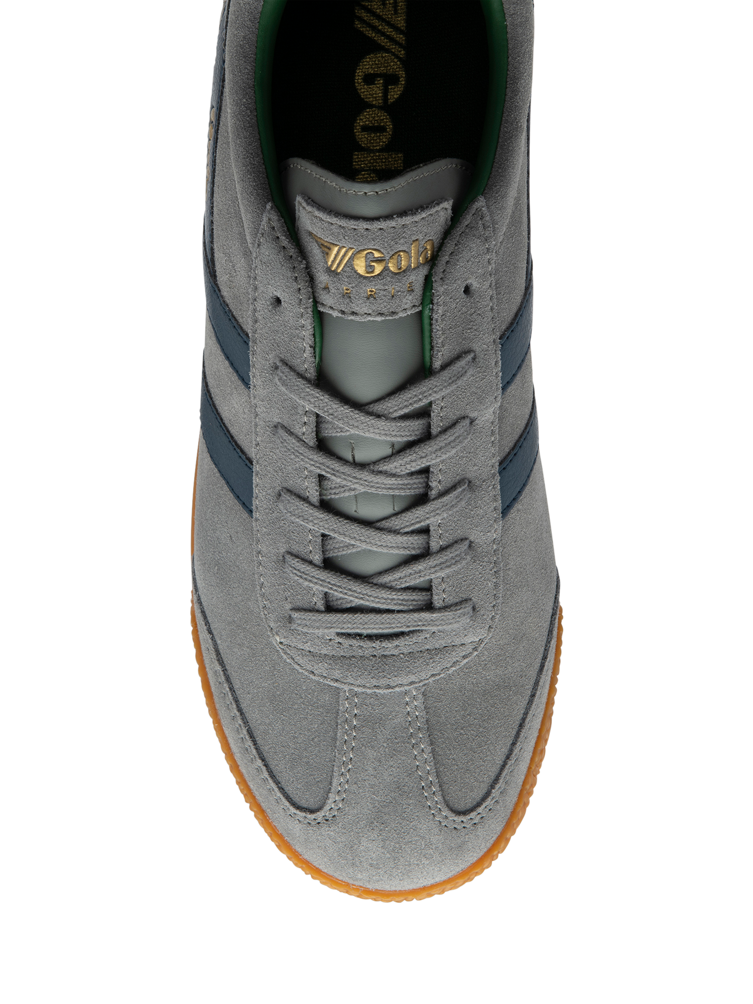 Product image 5 of 5, which shows Gola Harrier Suede Heritage Trainers, Ash/Navy/Evergreen, 6