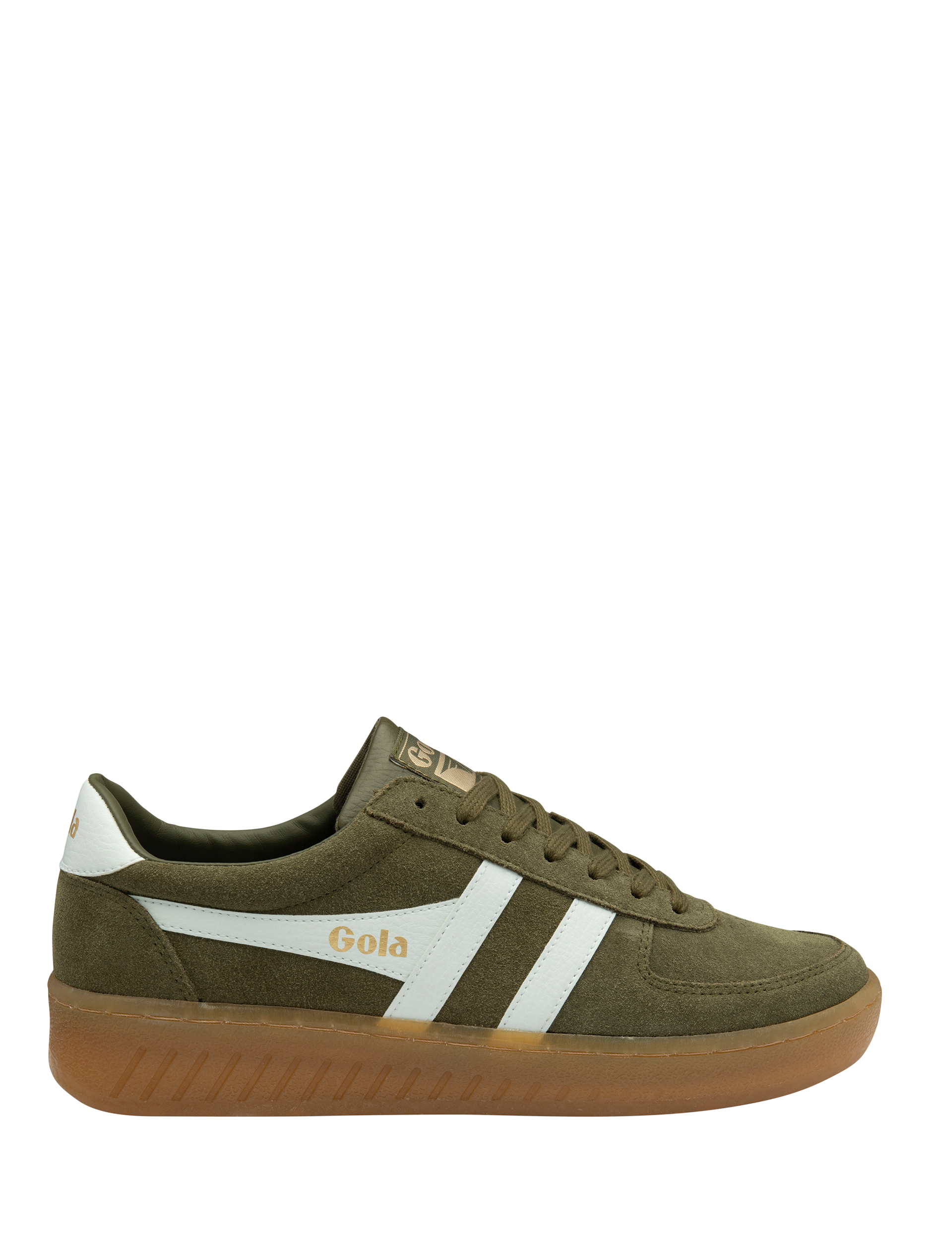 Product image 1 of 5, which shows Gola Classics Grandslam Suede Trainers, Khaki/Off White/Gum, 6
